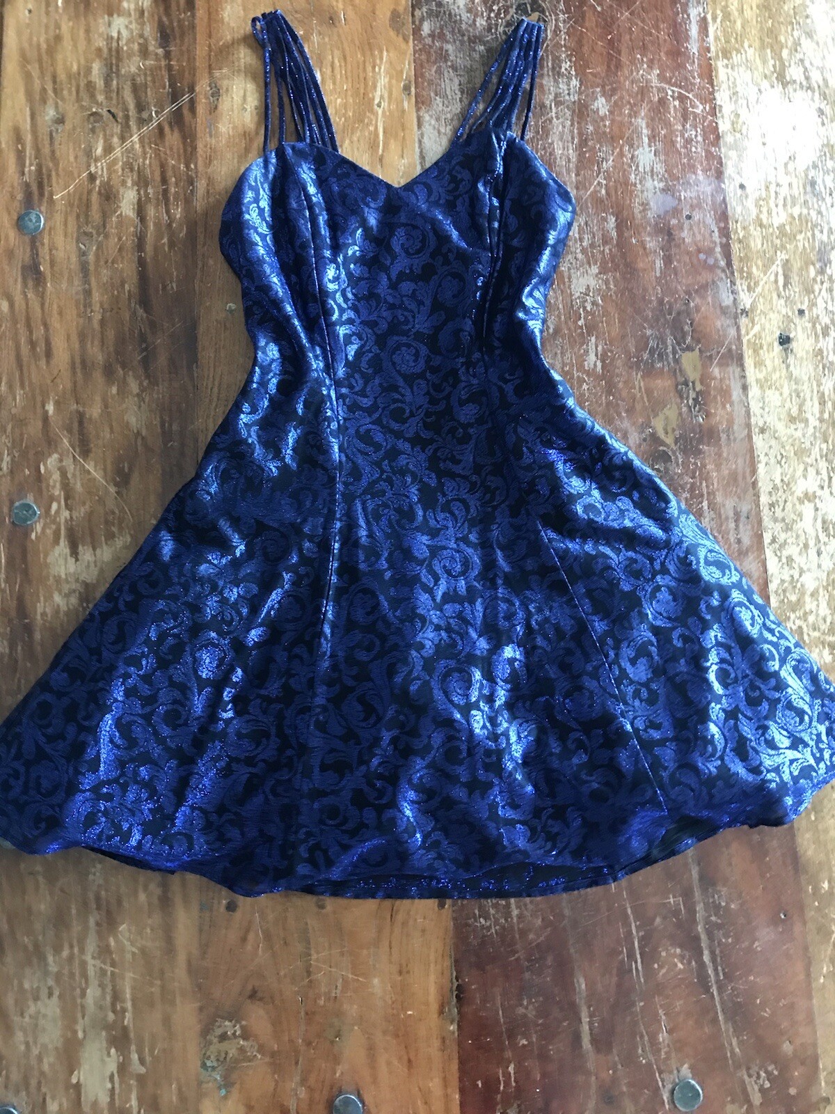 VTG 90s blue metallic dress brocade print strappy design tulle full skirt retro