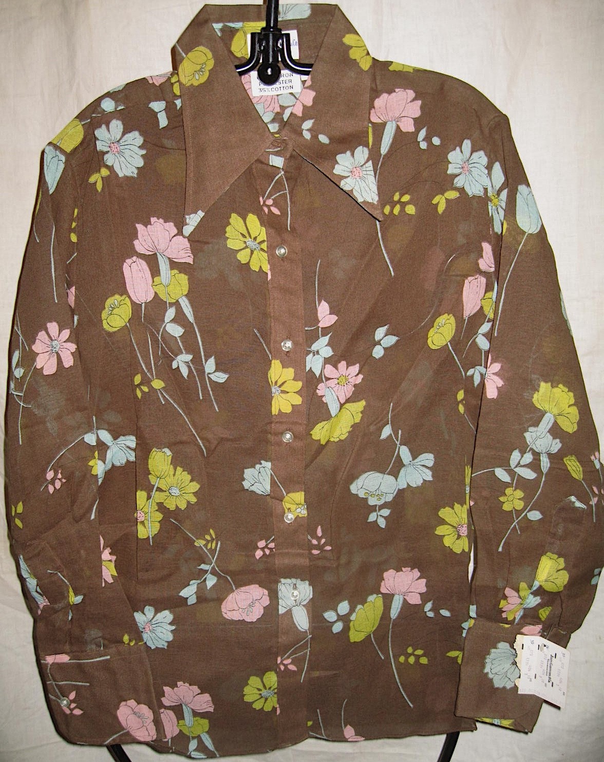 Vtg 70s Julius Garfinckel Blouse Sheer Floral Dagger Collar Deadstock Womens
