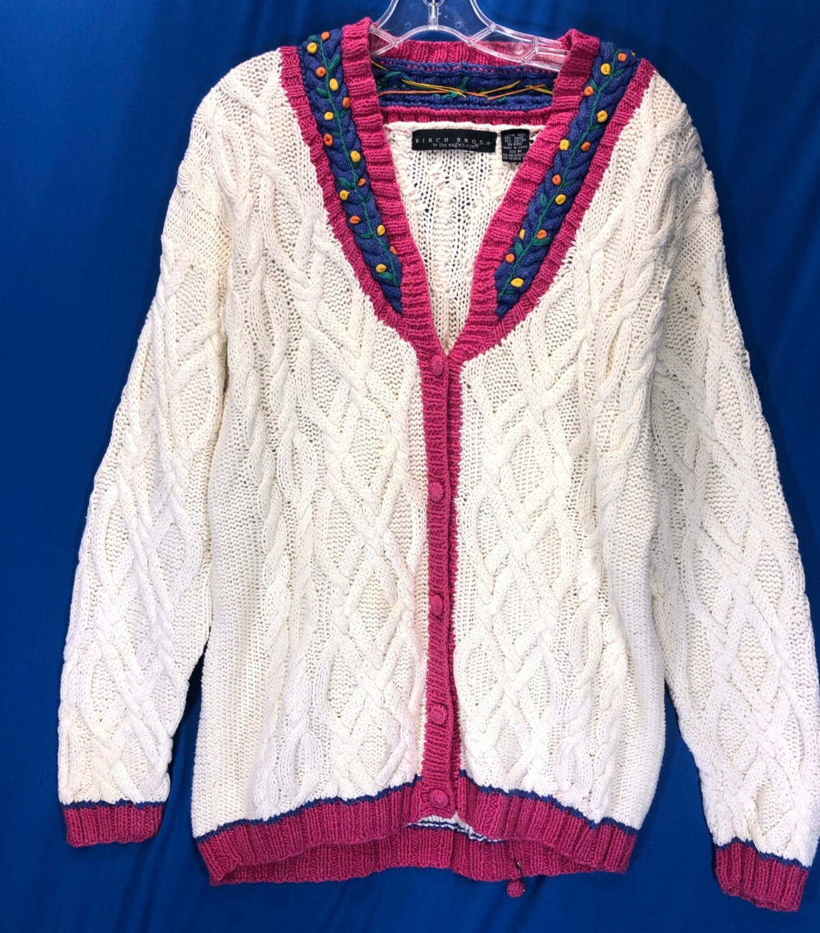 EUC vtg Birch Bros/Eagle Eye MED ramie/cotton cable knit cream/colorful cardigan