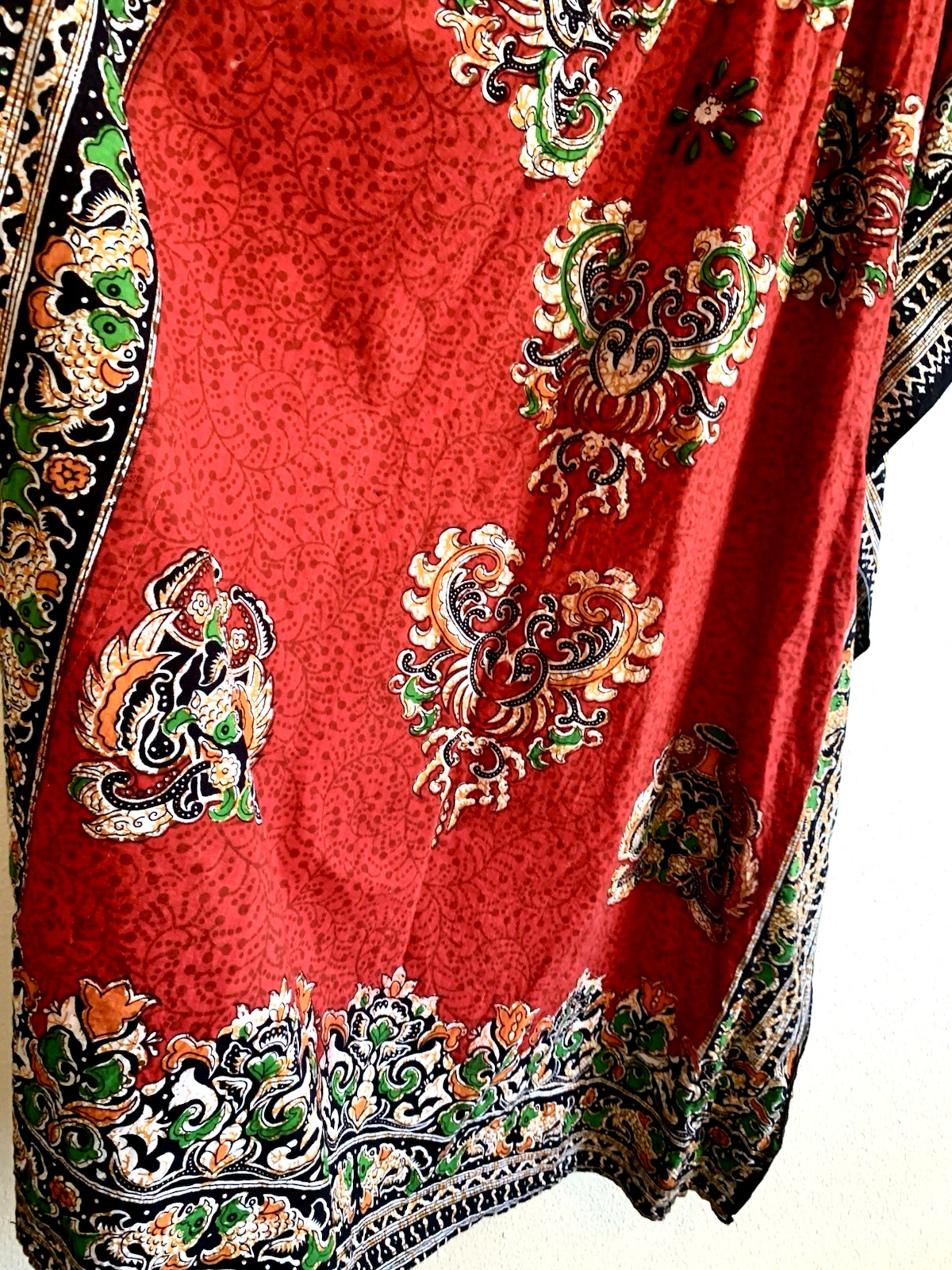 VTG RED BATIK Asian Maxi Long DRESS Kaftan Muumuu Lounge Flutter Empire LARGE