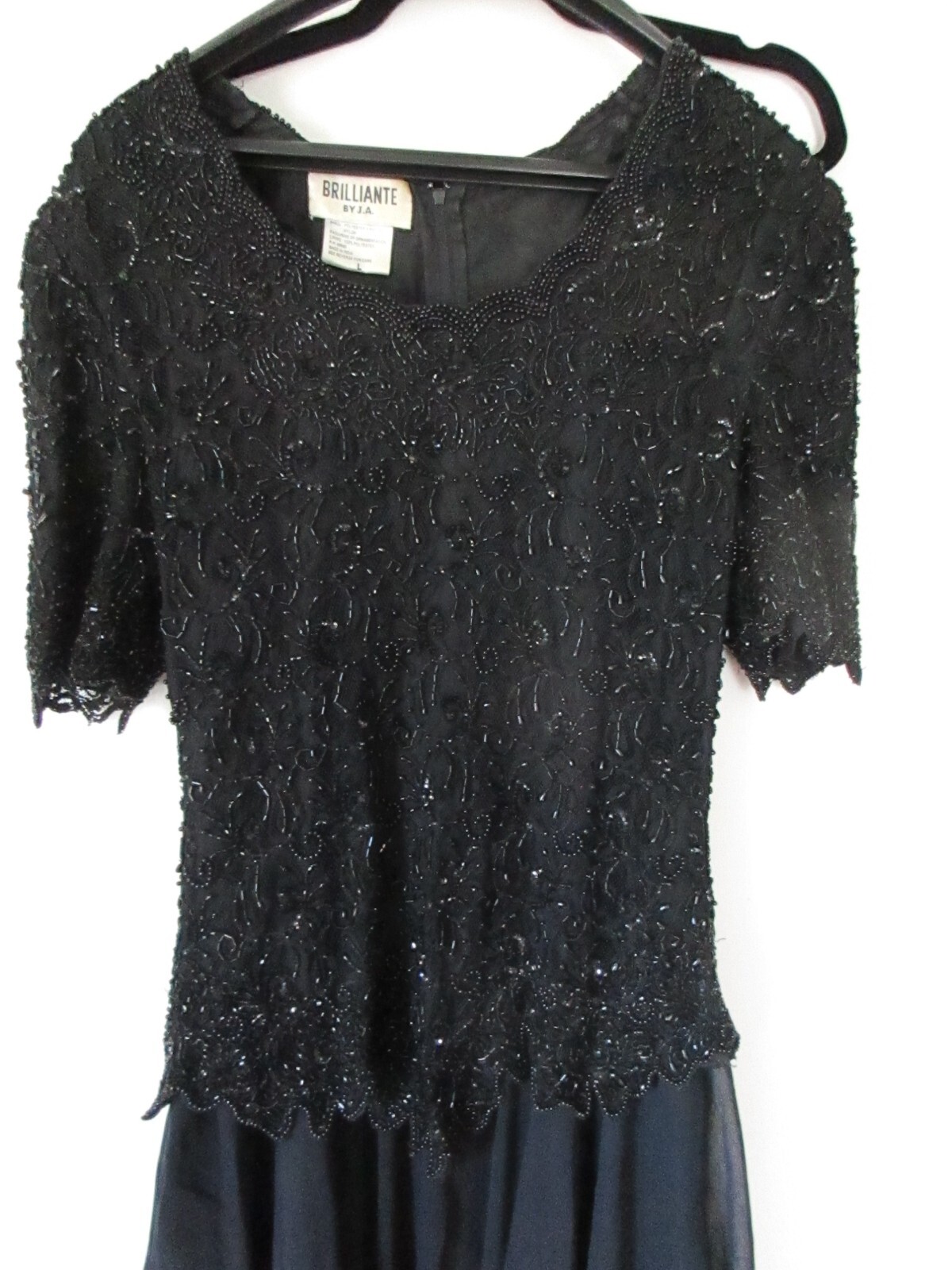 Vintage Brilliante by J.A. Black Beaded Evening Gown L short sleeve Open neck