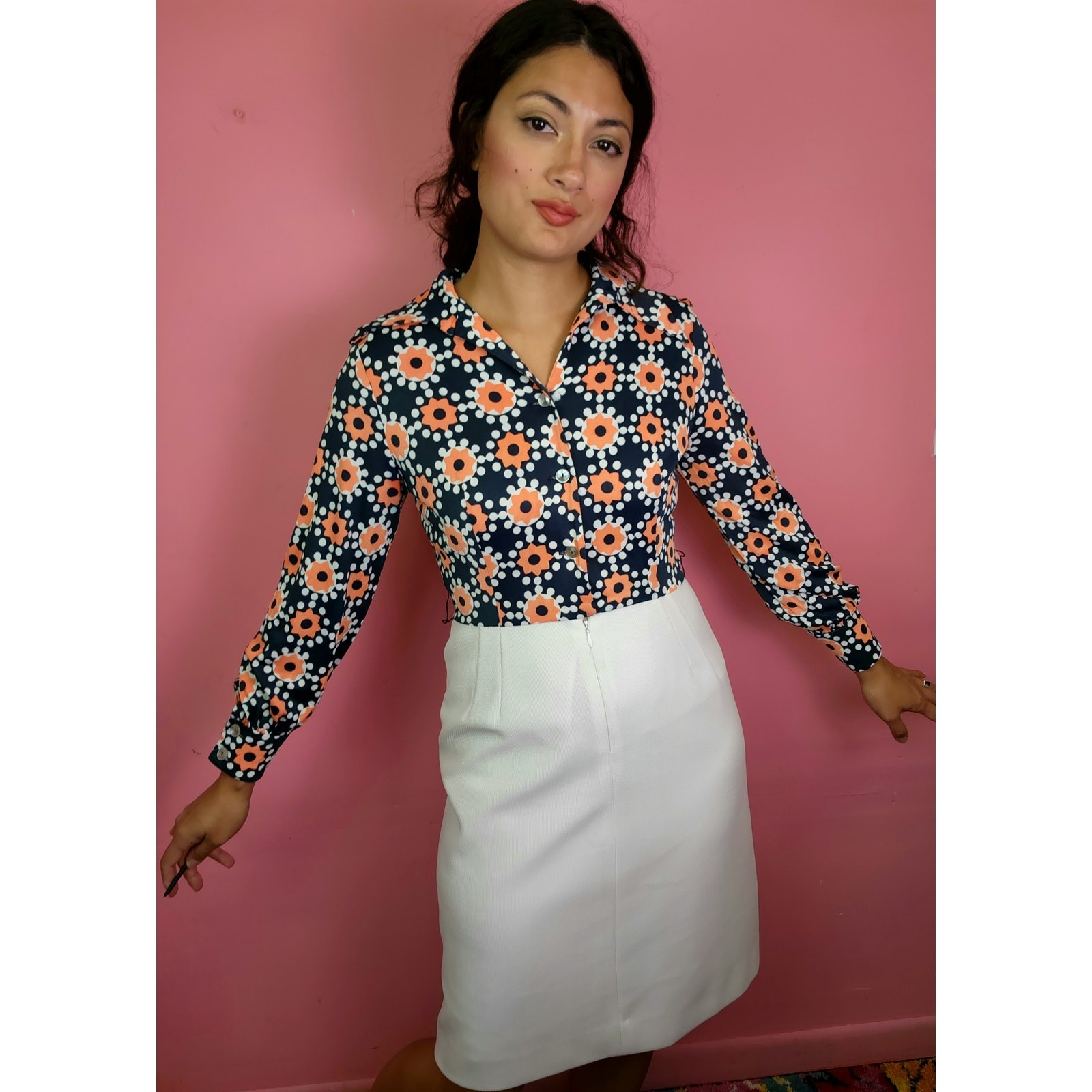 Vintage 1970’s Navy and Coral Flower Power White Dagger Collar Dress