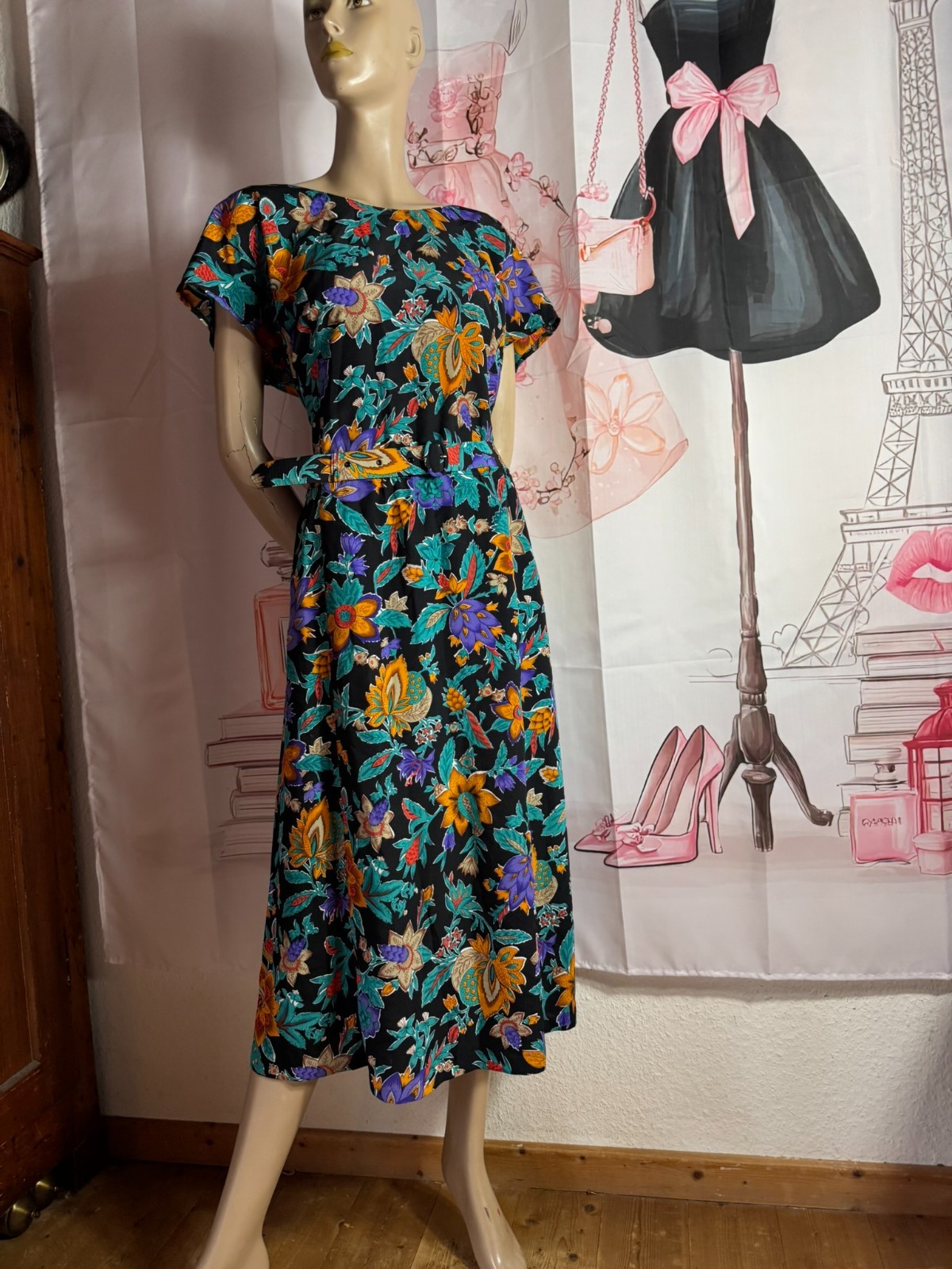 Vintage French Dress Crepe Made in France Floral Midi Dress Size 42 44