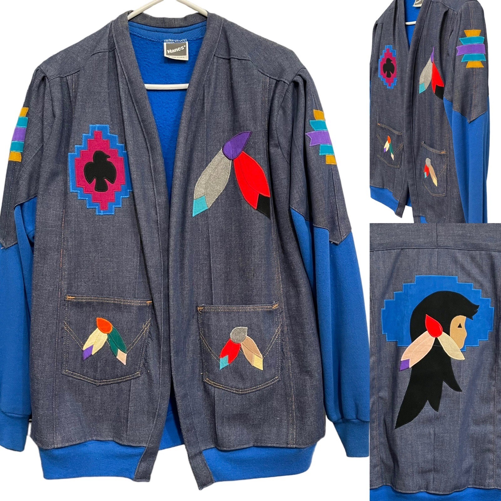 RARE Vtg Southwest Embroidered Handmade Denim Jean Jacket Sweater XL Native