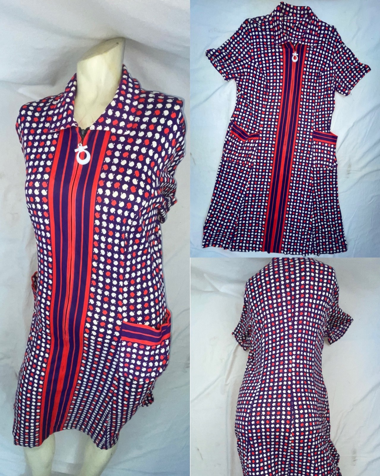 VTG 60S WOMEN GEOMETRIC APPLE PRINT RETRO DISCO MOD FRONT ZIP GOGO SCOOTER DRESS