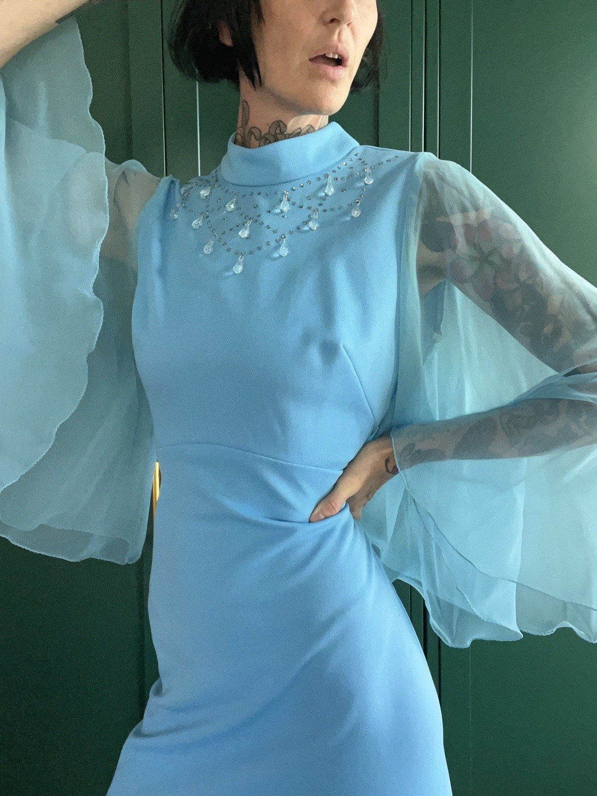 Vtg 70 Miss Rubette Maxi Dress Sheer Angel Sleeve Prong Rhinestone Teardrop L/XL