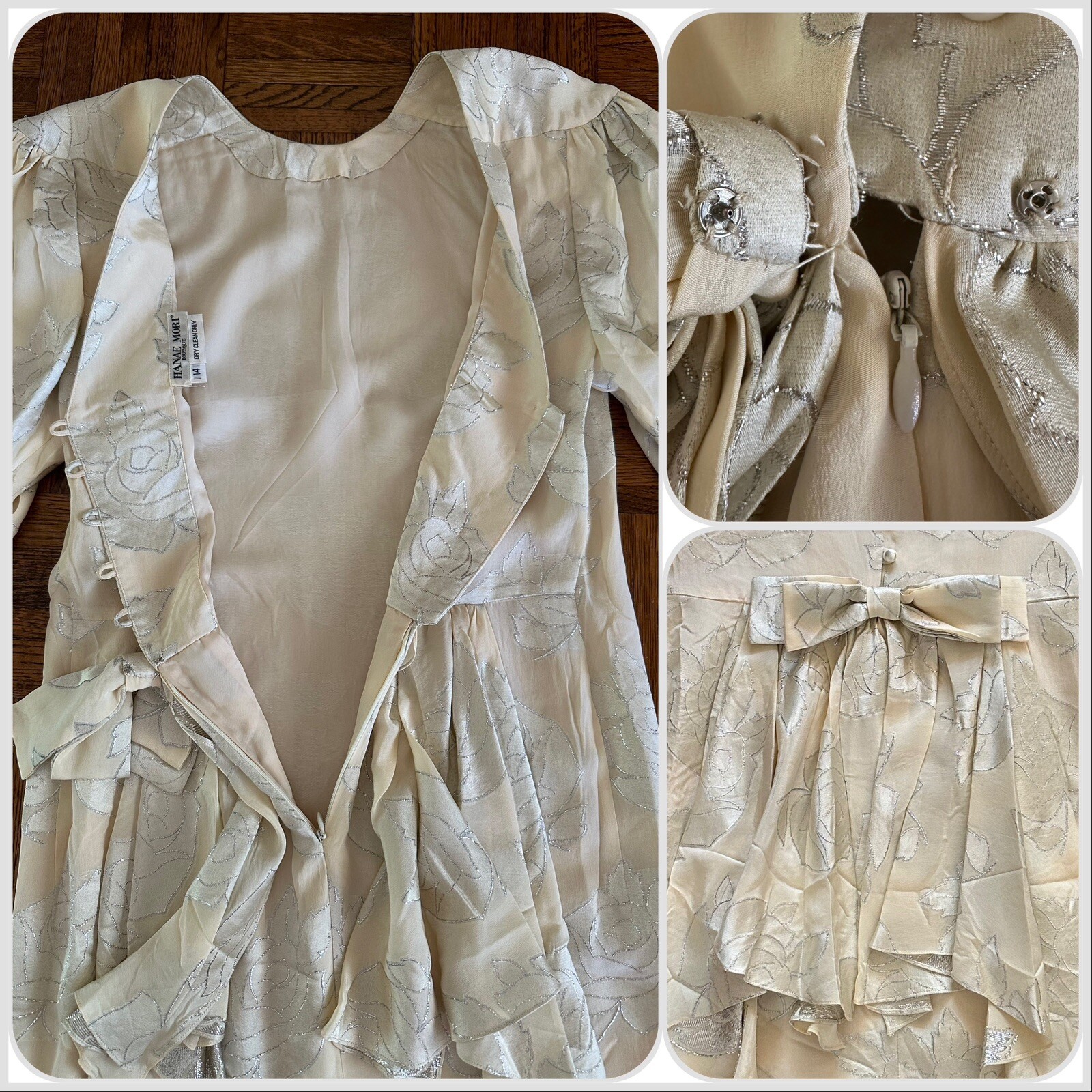 1980s Hanae Mori Silk Dress Metallic Rose Damask Bow Frost Bros VTG