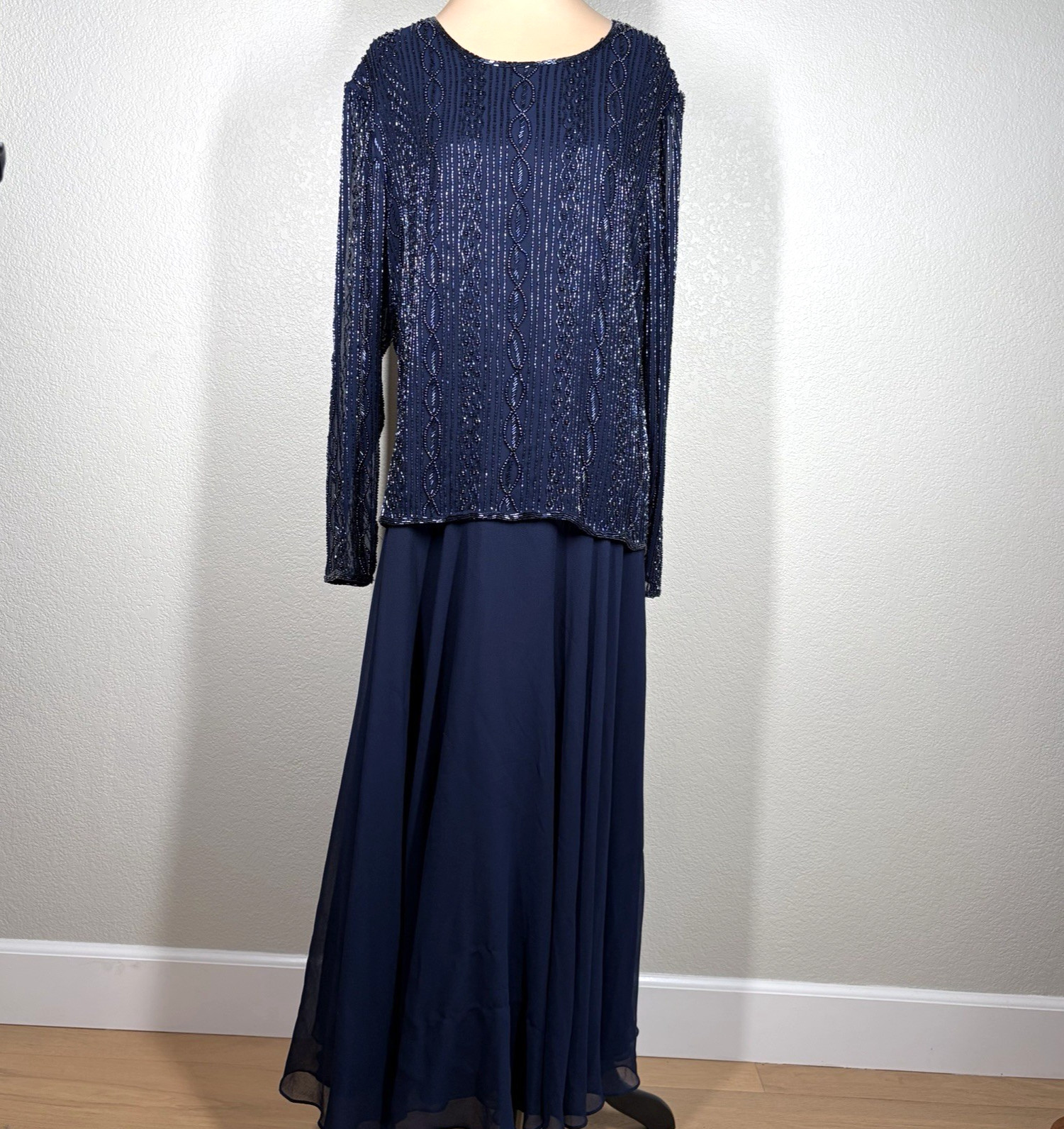 Vintage Brilliante by J.A. Navy Blue Beaded Gown Long Sleeve India MOB Large
