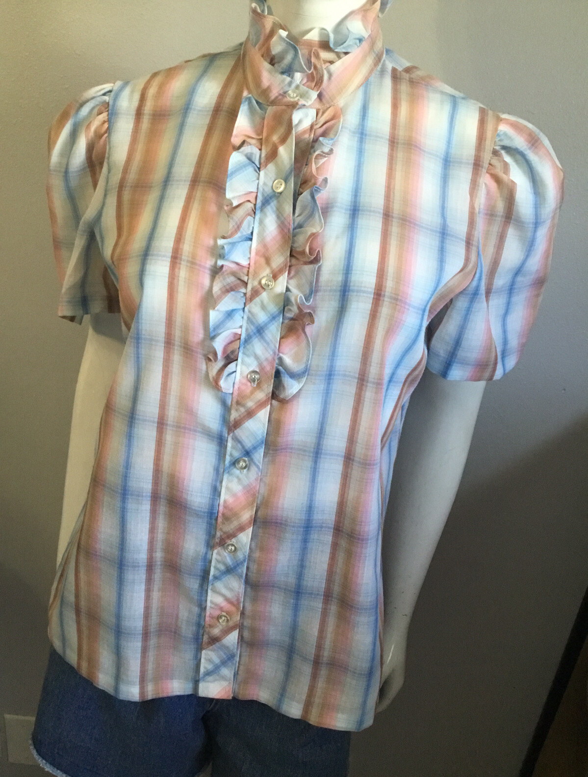 Vintage 70’s 80’s Sheer High Neck Plaid Button Front Shirt Lucky Winner Size 14