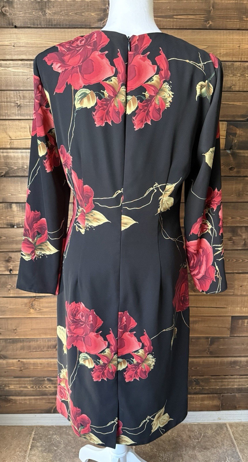 Vintage 90s David Warren NY Rose Floral Dress Shoulder Pads Black Midi