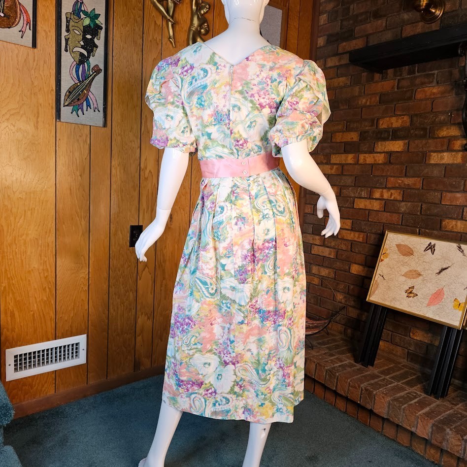 Vtg 80s Fever Dream Floral Romantic Garden Party Belted Bow Volup Tea Dress M/L