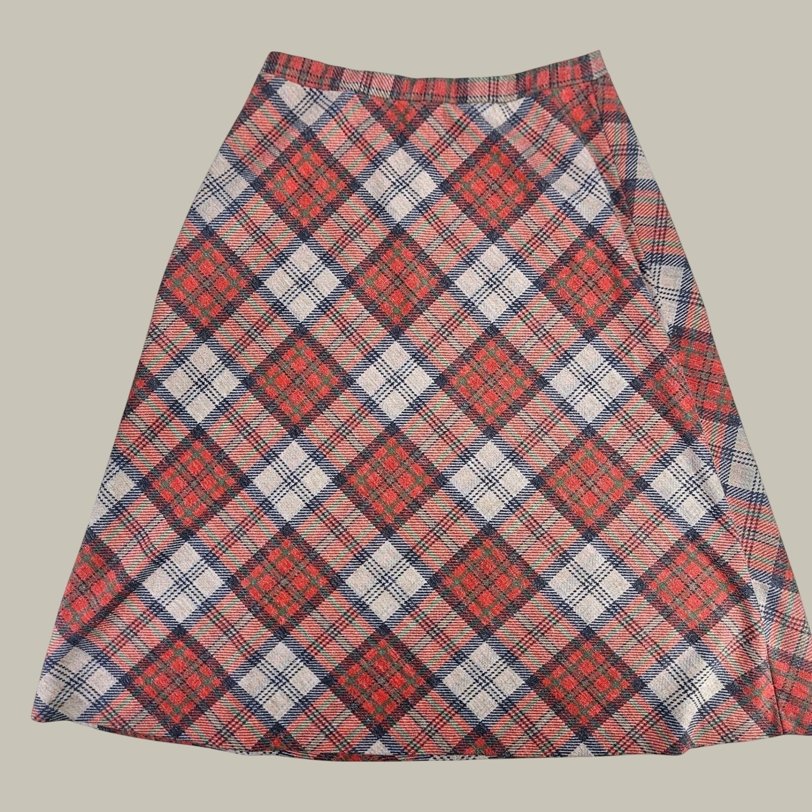 Vintage 70s 80s Plaid A-Line Skirt Red Green Tan High Waisted Midi USA Made M/L