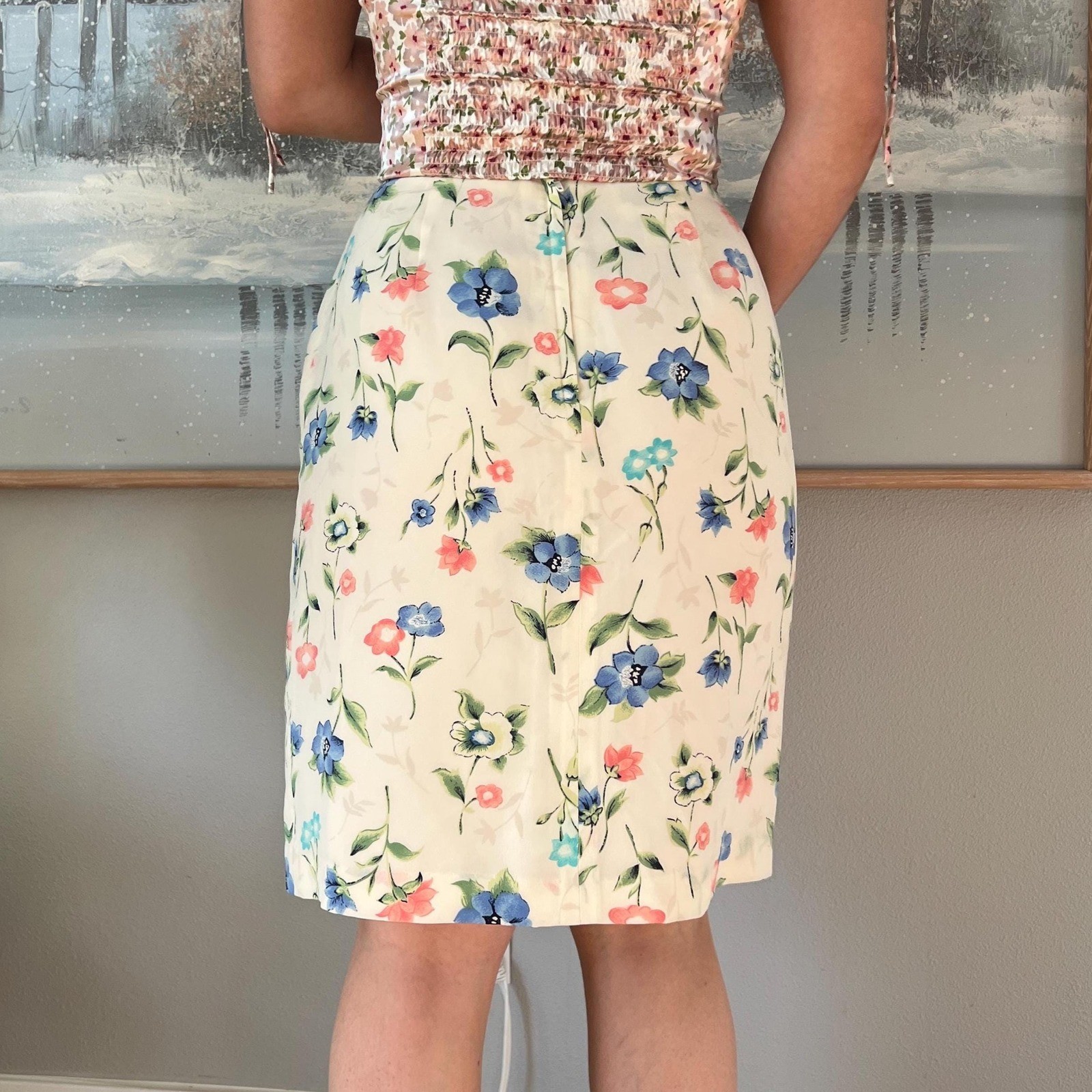 Vintage Silk Floral Skirt Cream Midi Parisian Signature Cottagecore