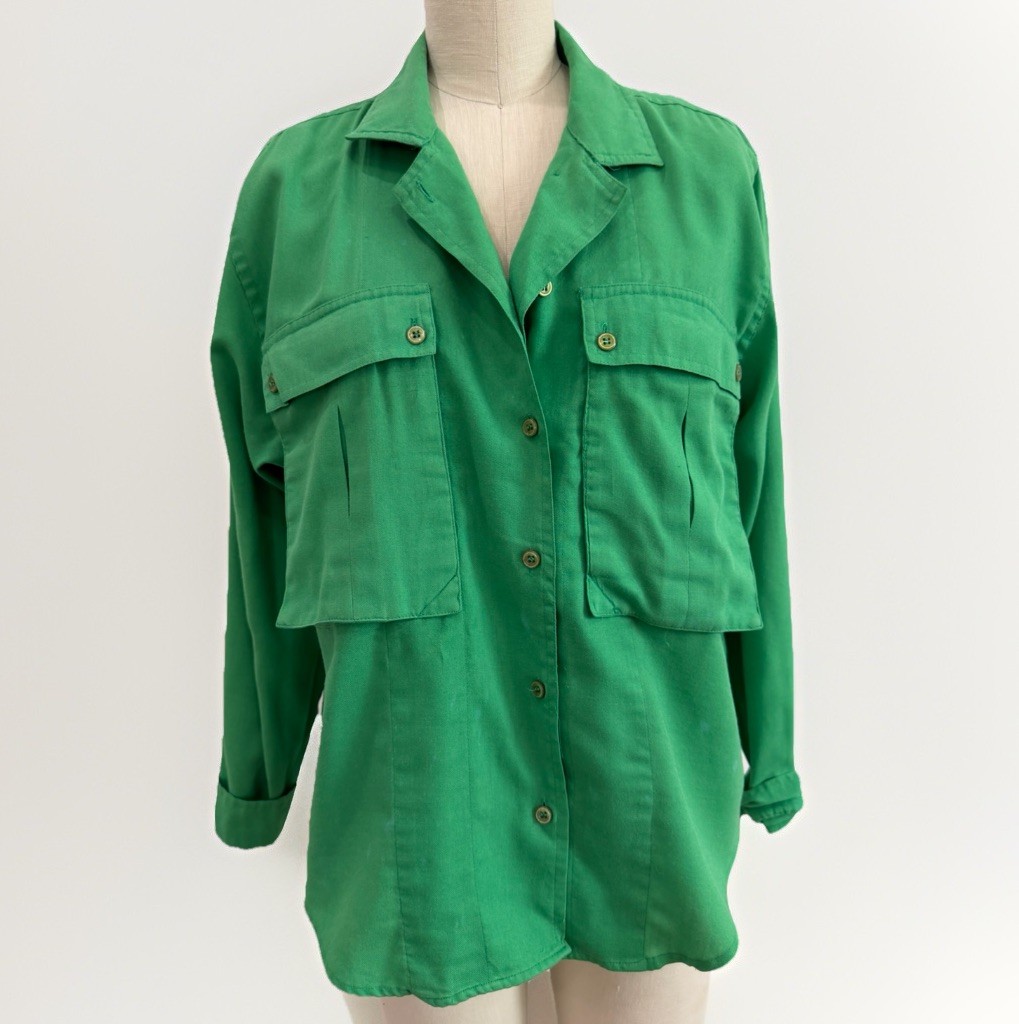 Vintage 90s Pandora Green Button Up Shirt Utility Pockets Relaxed