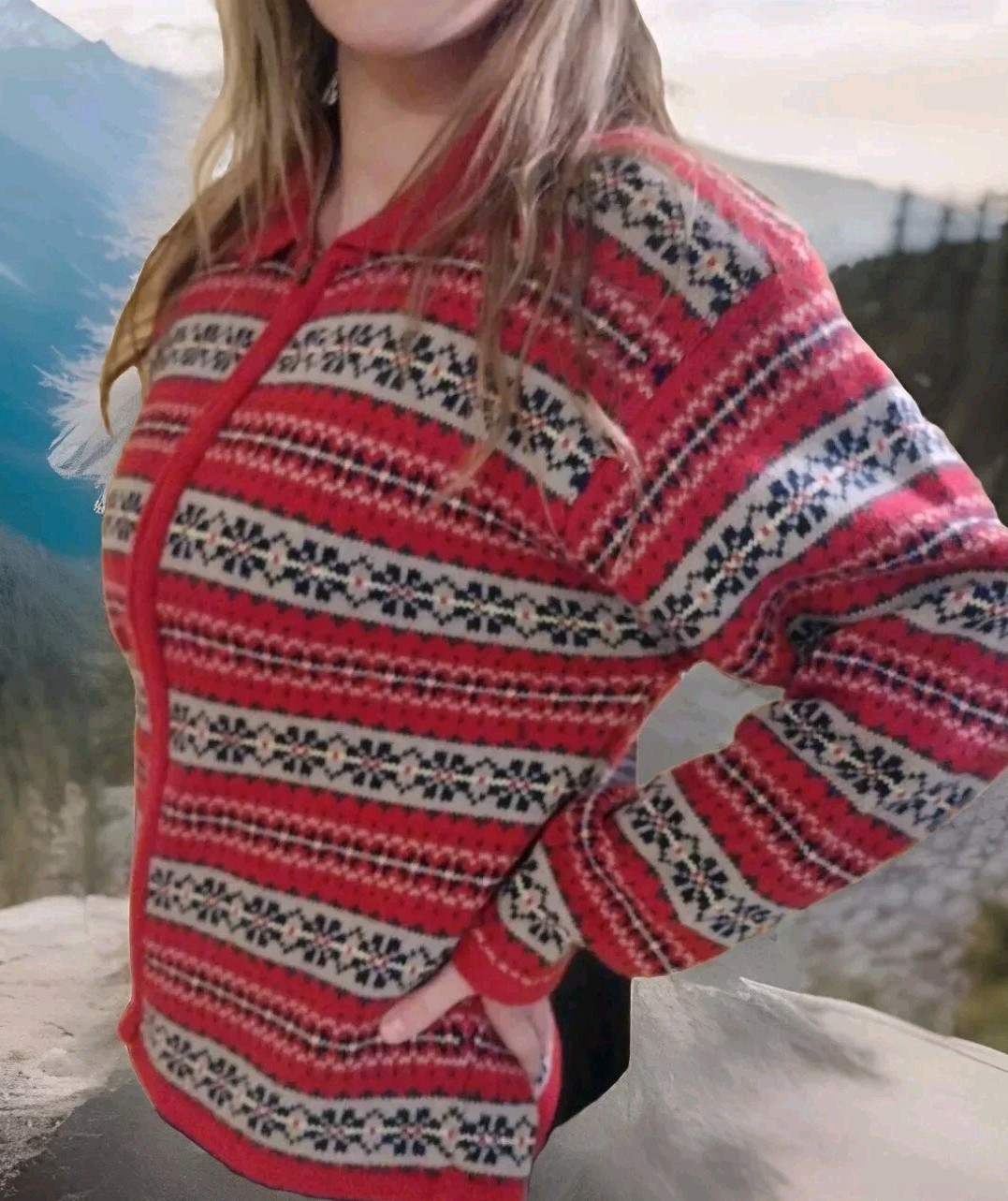 Paul Harris Design VINTAGE 1990’S L FairIsle Red/Multi Color, Zip Up Cardigan