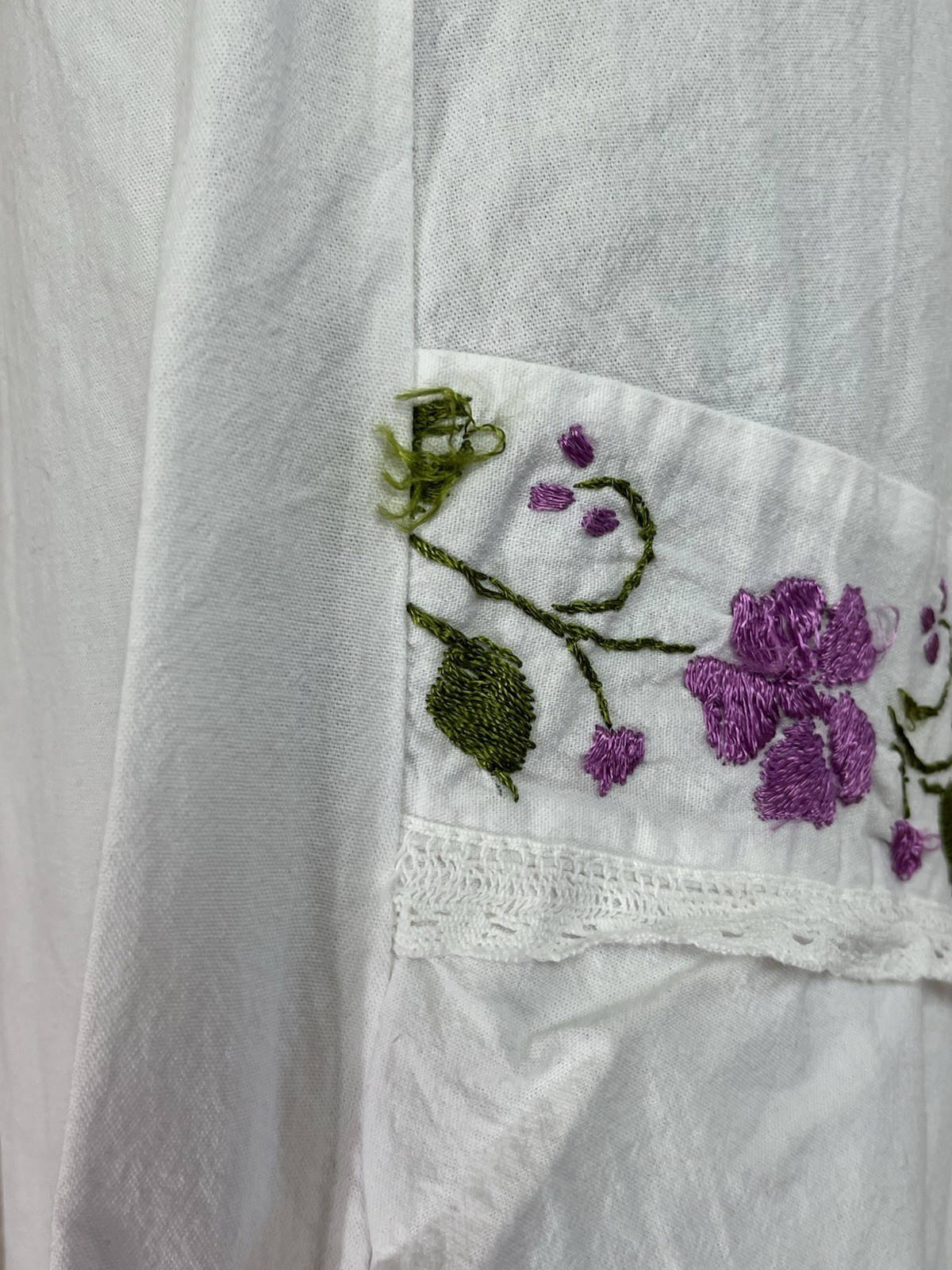 Vintage 1970s Mexican White Cotton Purple Flower Embroidered Halter Dress 70s