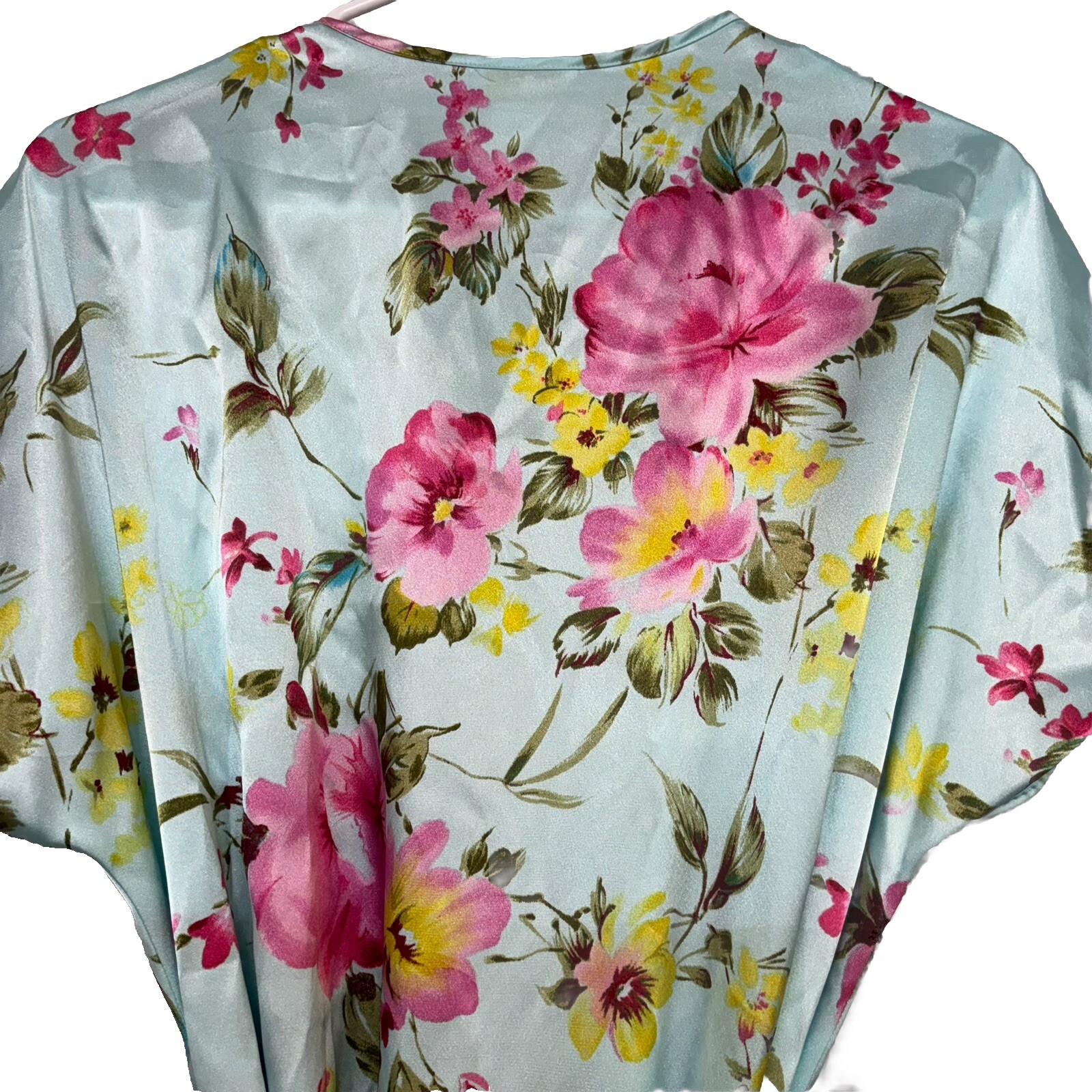 VTG LA Intimates Sz L Robe SS Kimono Wrap Blue Floral Romantic Garden Flowers