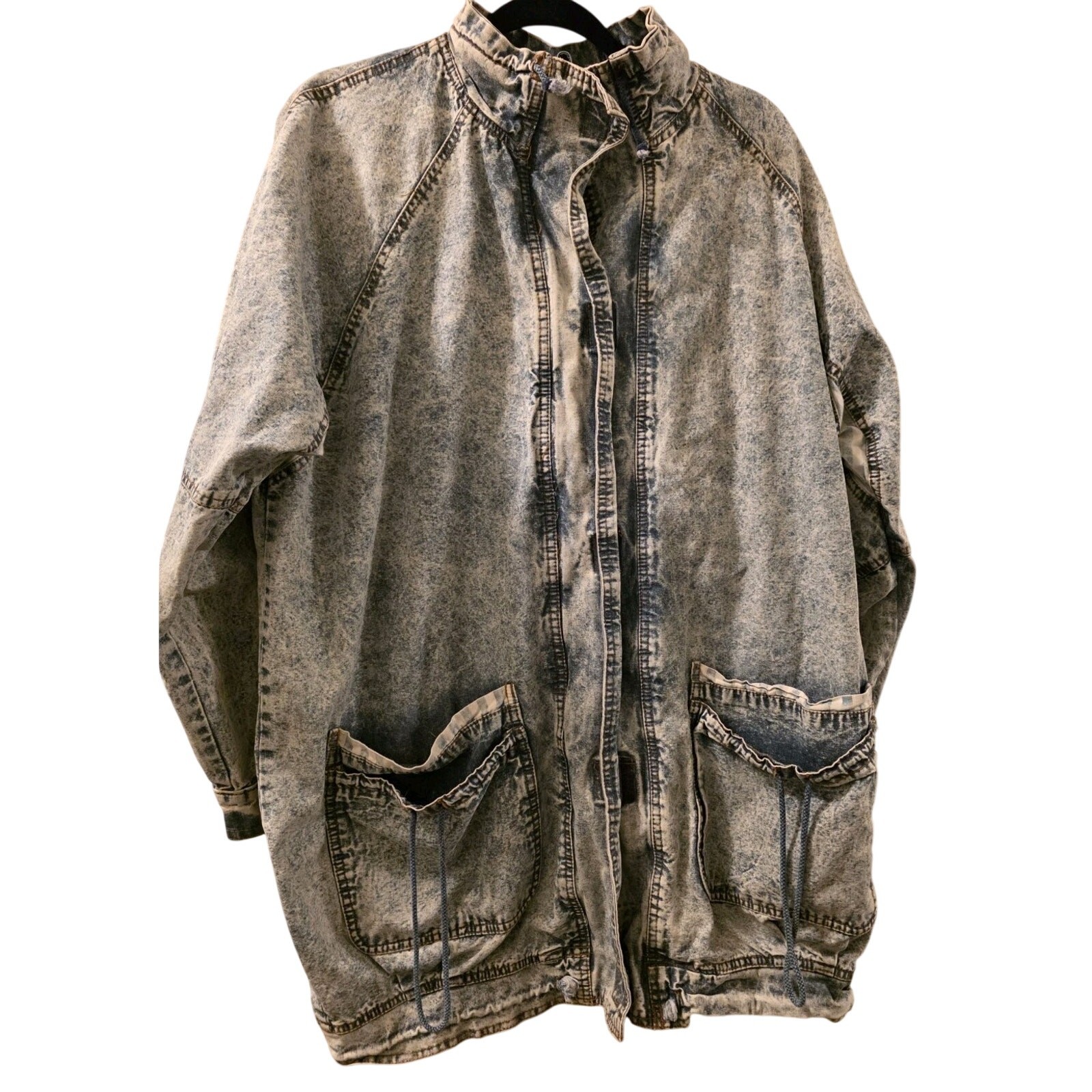 Vintage 1980s Pan Asia Denim Jacket Long Acid Washed Shoulder Pads Lined Retro L