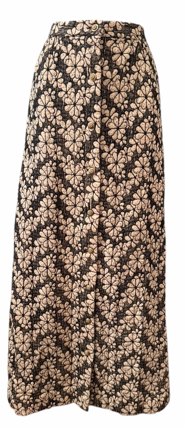 VTG 1970s Floral Quilted Maxi Skirt XS Black Beige Gold Tone Buttons Cottagecore
