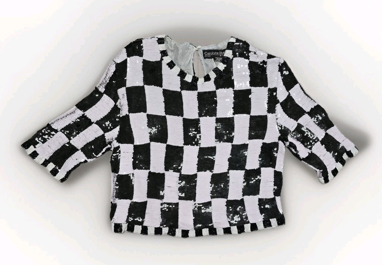 Vintage Carolyne Barton Night Silk Sequin Checkered Top Black White Beaded M