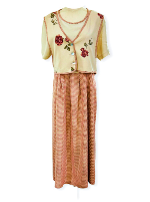 Vintage Pink Roses MIDI Dress Size 16P Faux Vest Grandma Core Cottagecore Ultra