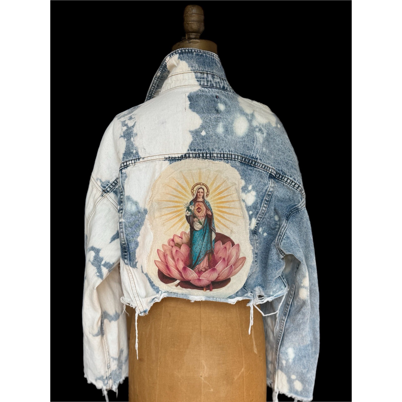 OOAK Distressed Bleached Denim Sacred Heart Lotus Cropped Jacket M