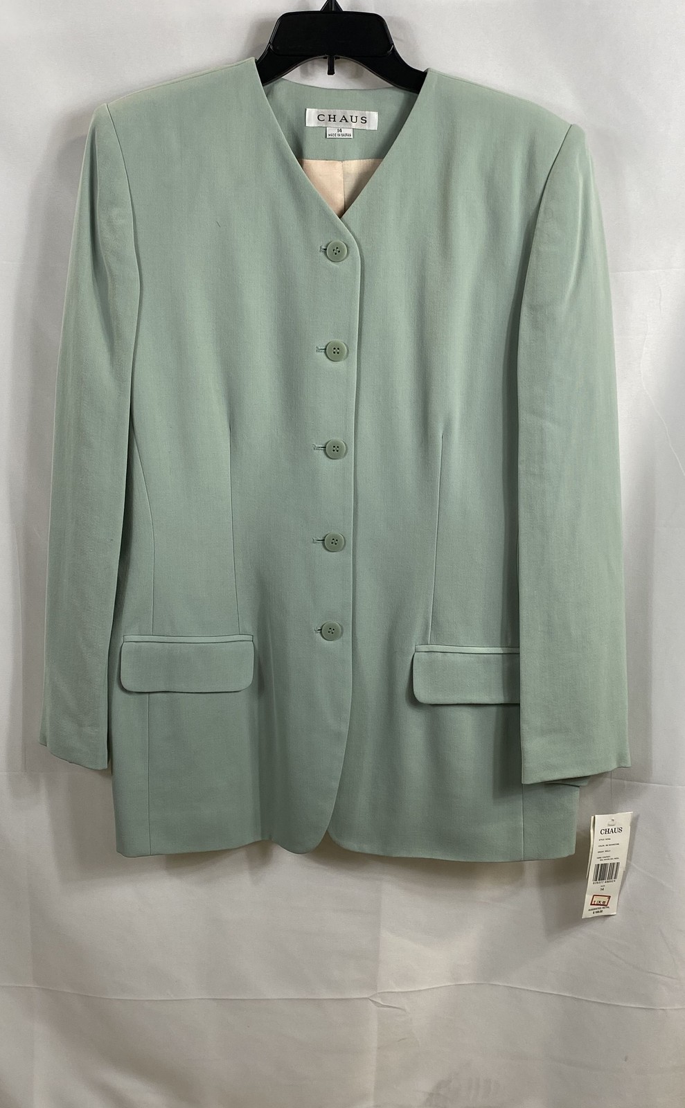 Vintage 90s Chaus Women’s Moonstone Green Rayon Wool Longline Blazer Jacket Sz14
