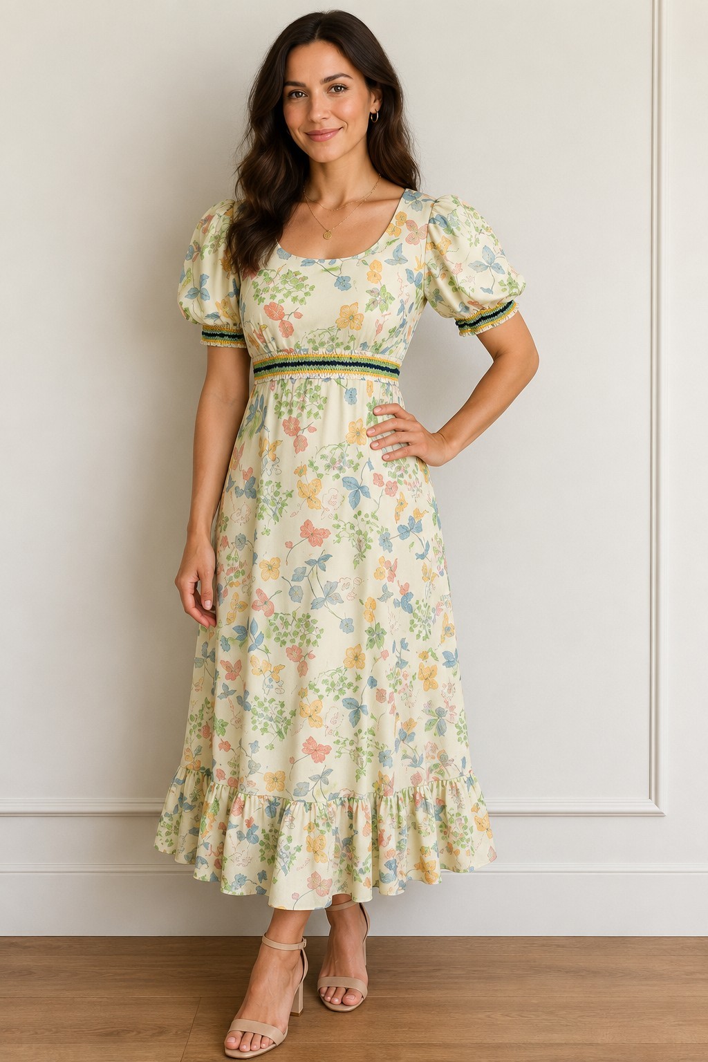 VTG ’70s PUFF SLEEVE FLORAL Maxi DAY DRESS /Tea Garden Party DRESS Sz Small S