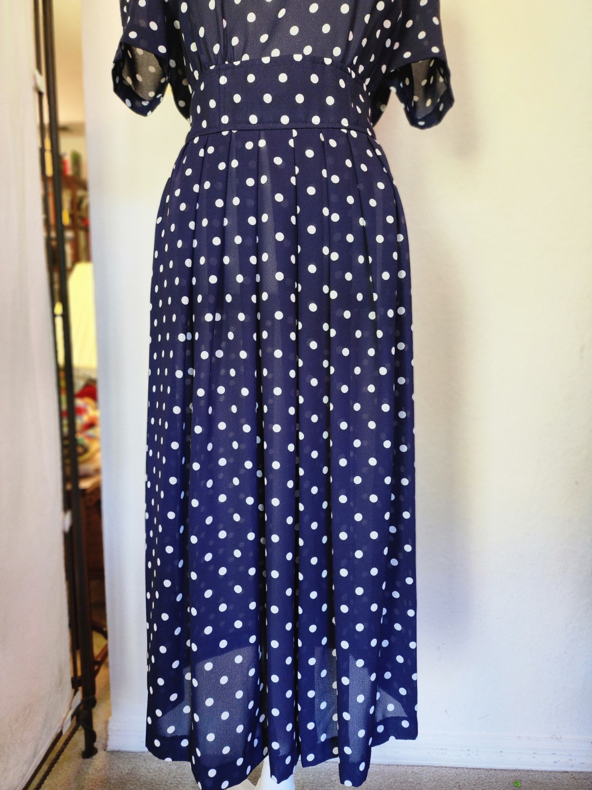 90s VTG KARIN STEVENS Cottagecore Modest Petites Polka Dot Pleated Midi Sz P8
