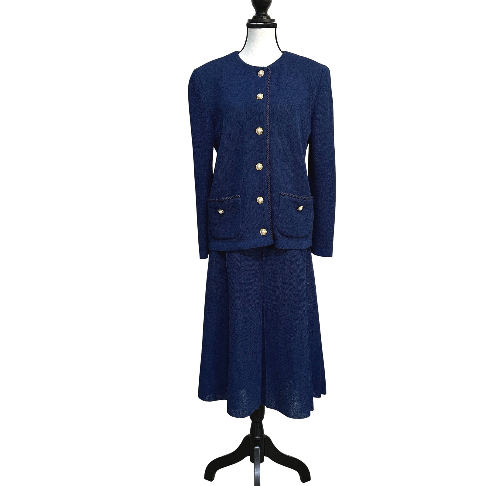 VTG Castleberry Knit Skirt Suit Womens 12 Navy Blue Old Money Luxury ILGWU USA