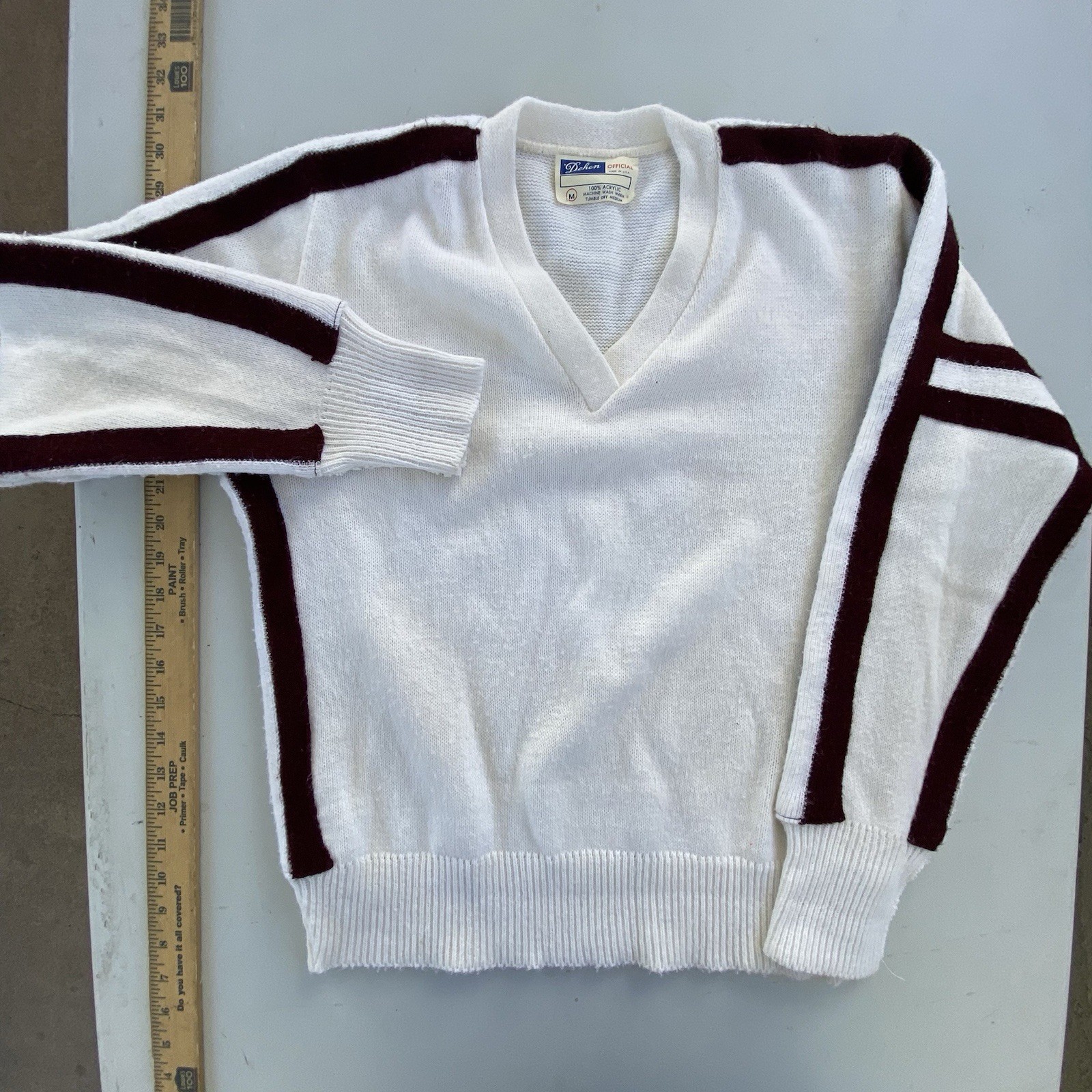 Vintage Ivory Cheer Sweater V-Neck Varsity Brown Stripe Acrylic USA Made Sz M