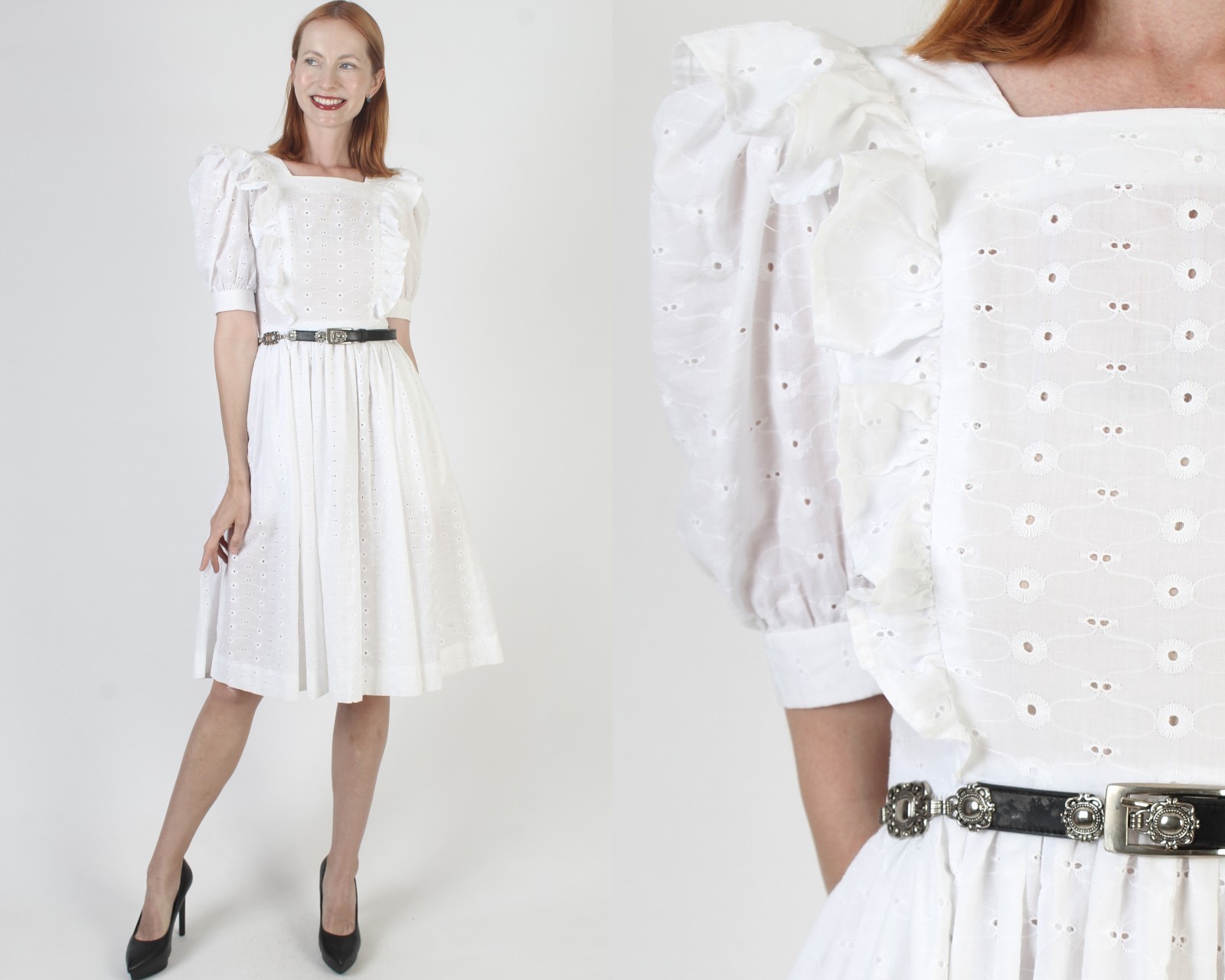 Vintage All White Embroidered Eyelet Dress Country Prairie Farm Monochrome Mini