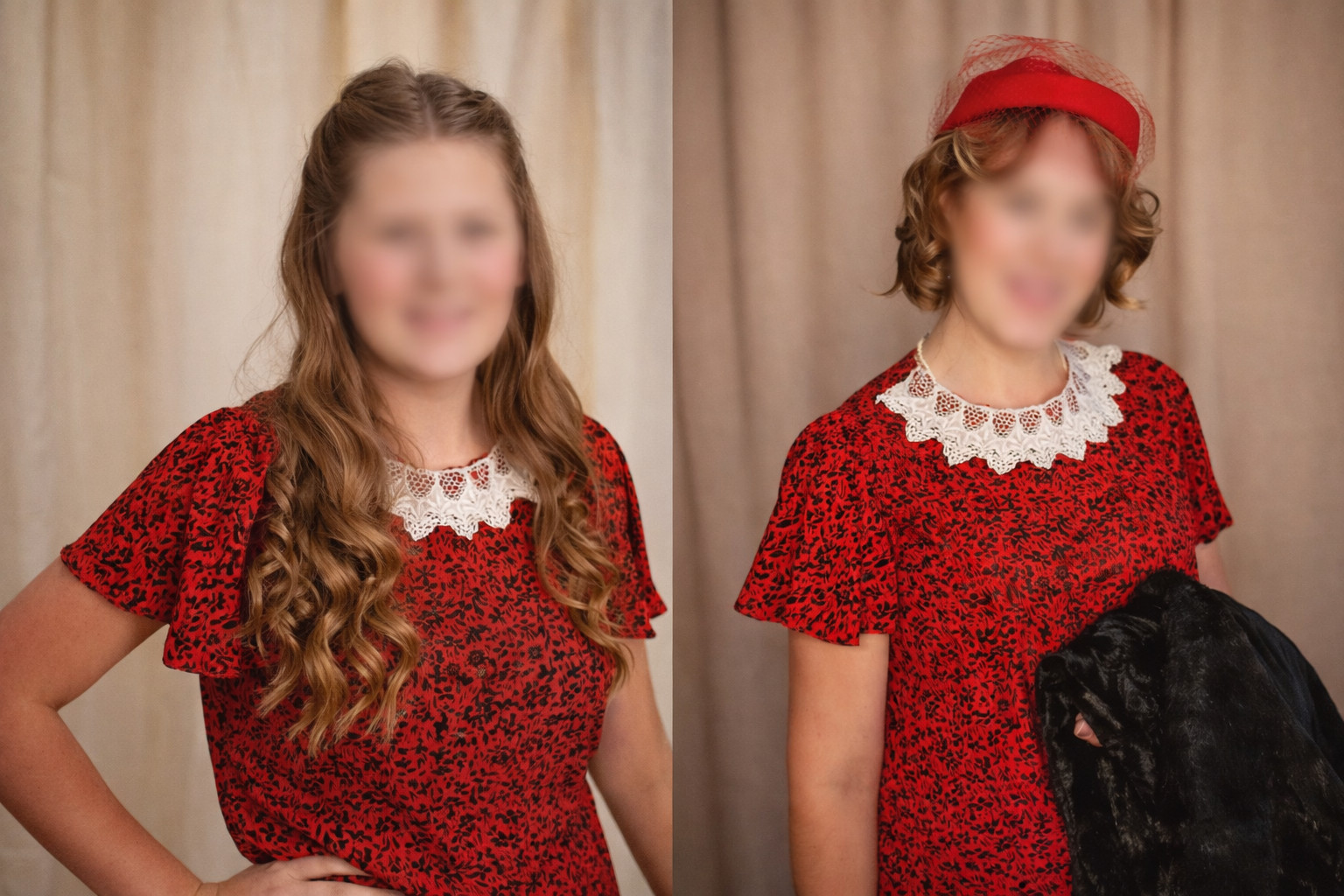 Vintage 1980s Prairie Revival Red Floral Lace Collar Midi Dress Basic Theater Pc