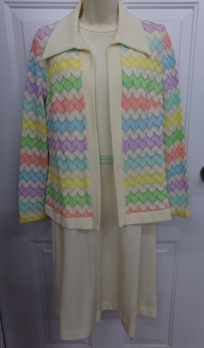 True Vtg Womens 2 Pc Altogether Fashions Ecru Dress & Pastel Jacket Set M or L?