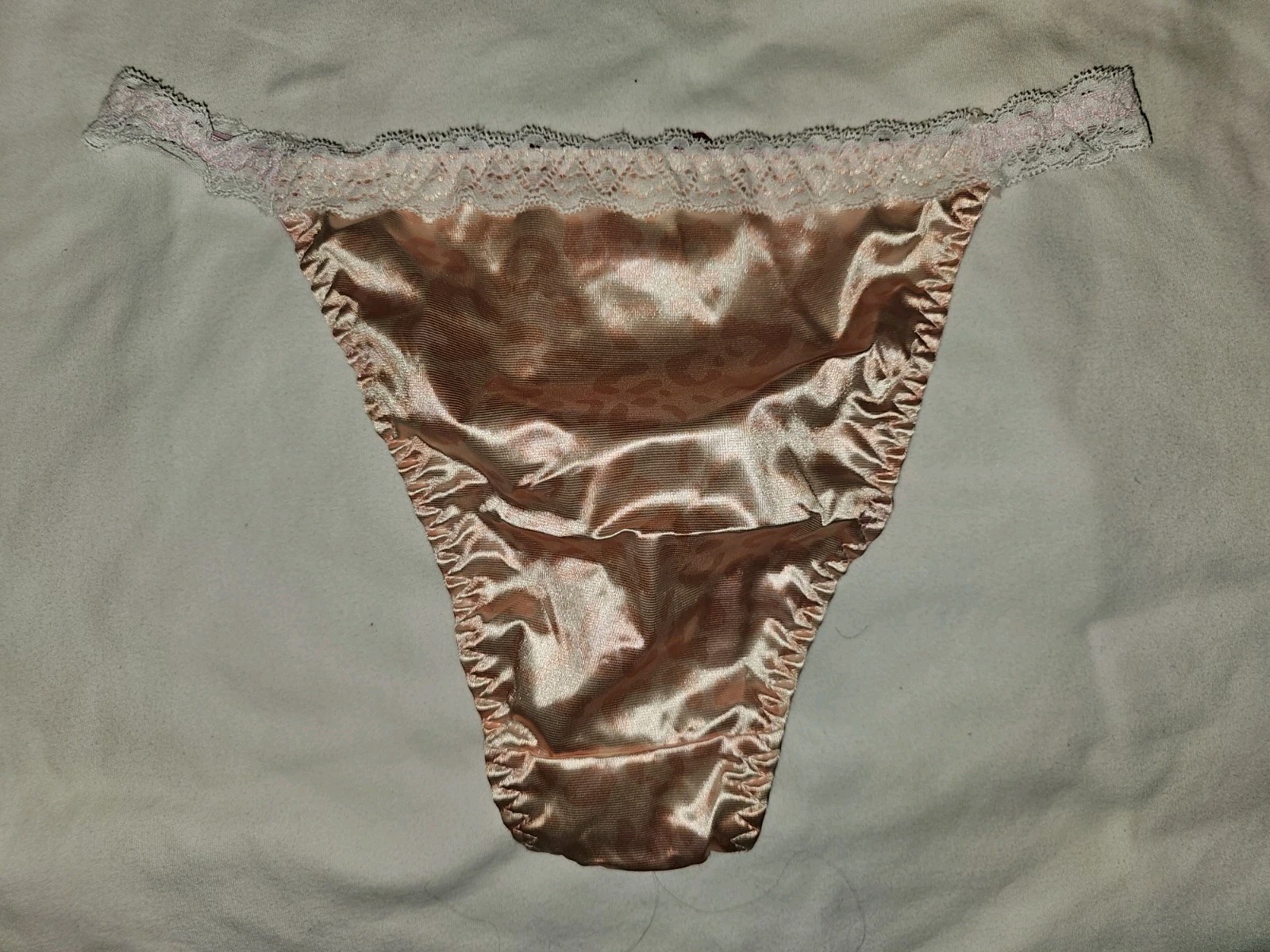 Vintage Girly Glossy Satin String Bikini Light Pink Panties. Size Large