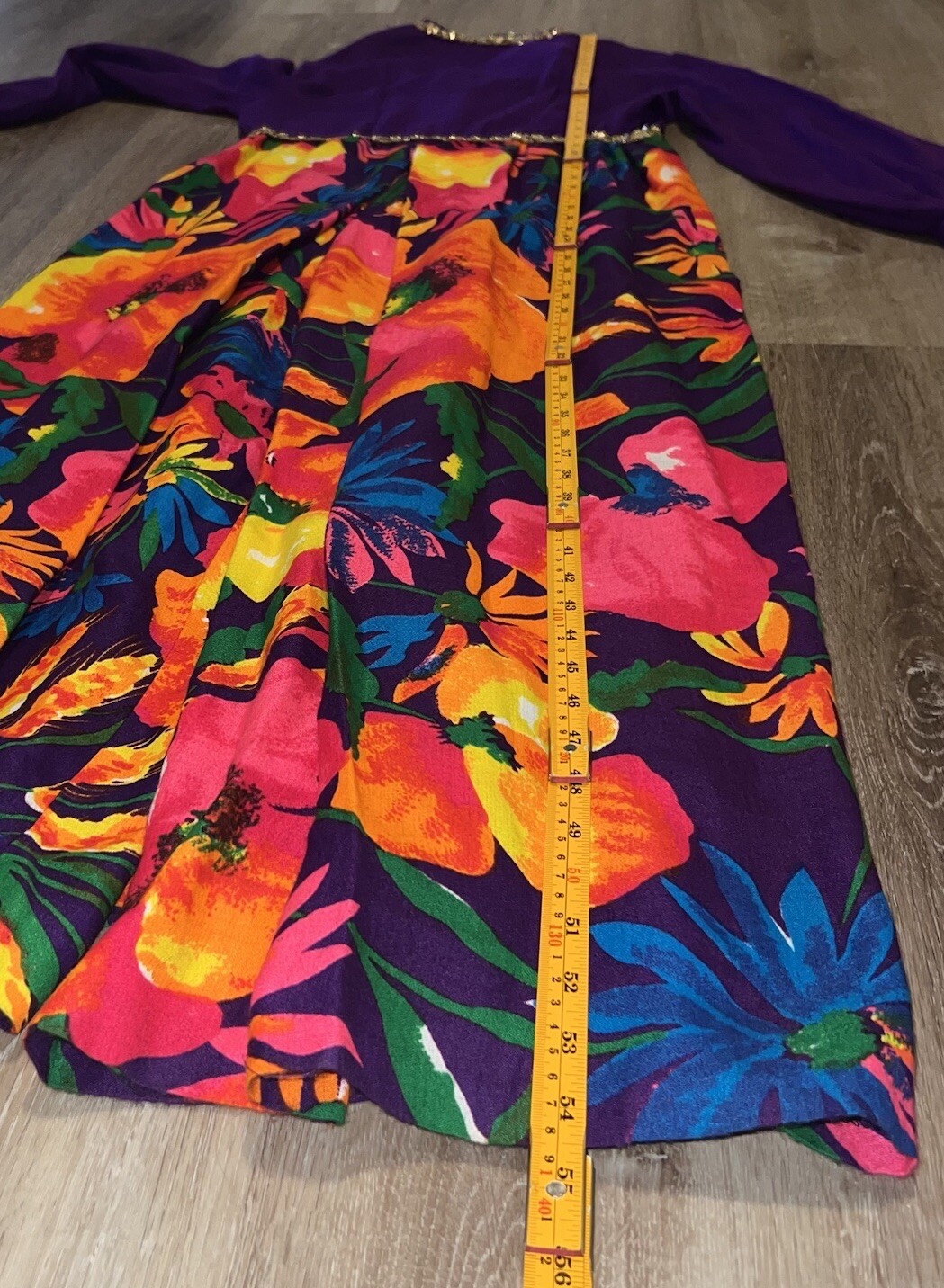 VTG 60s 70s Floral Vibrant Maxi Dress Gold Trim Baggy Wide Leg 18×54 READ