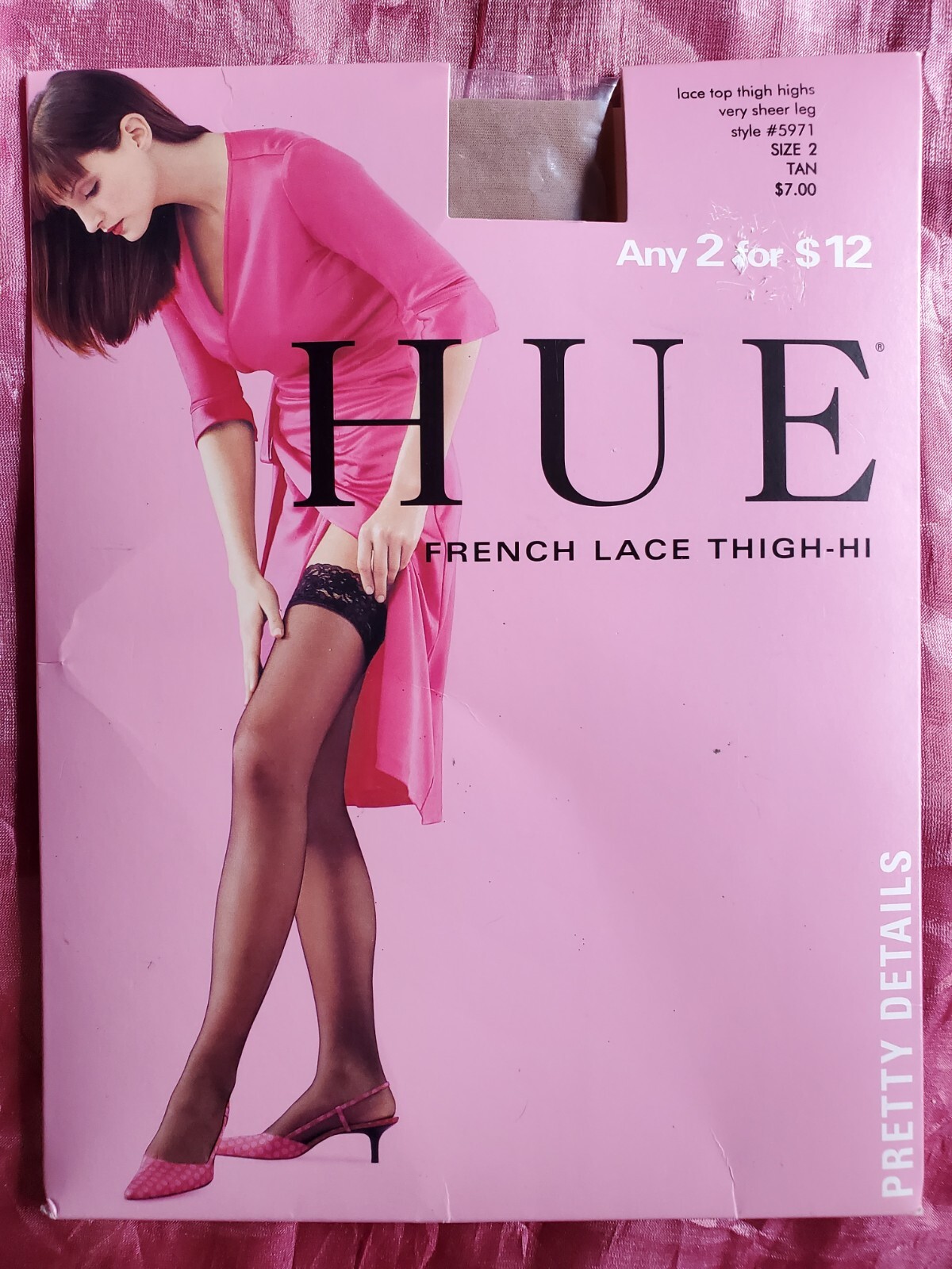 HUE French Lace Very Sheer Thigh Highs Stockings Size 2 Tan Sissy Nylons