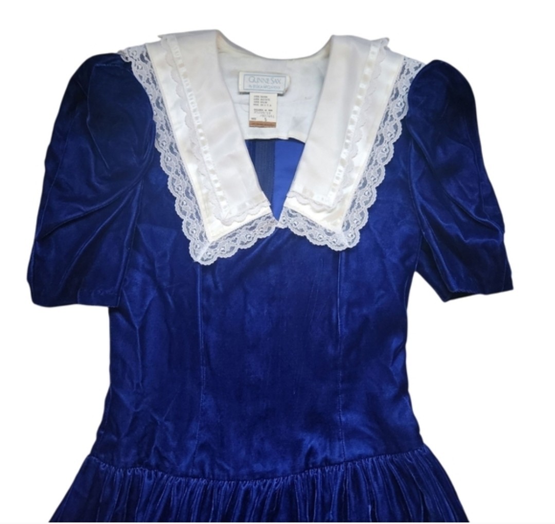 Vintage Gunne Sax By Jessica McClintock 70’s 80’s Dress Blue Velvet Size Small 5