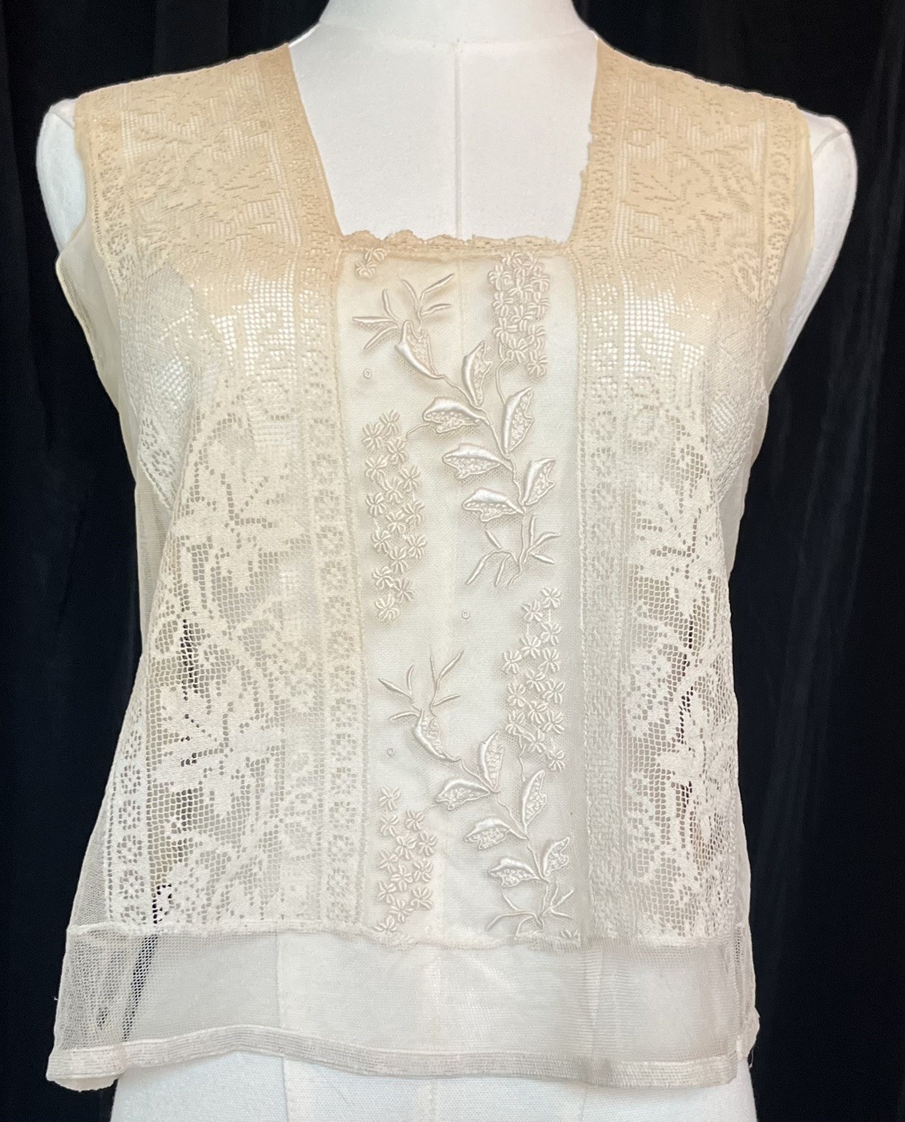 Antique Edwardian Sheer Net Camisole Lingerie Filet Lace French Knots Tulle S
