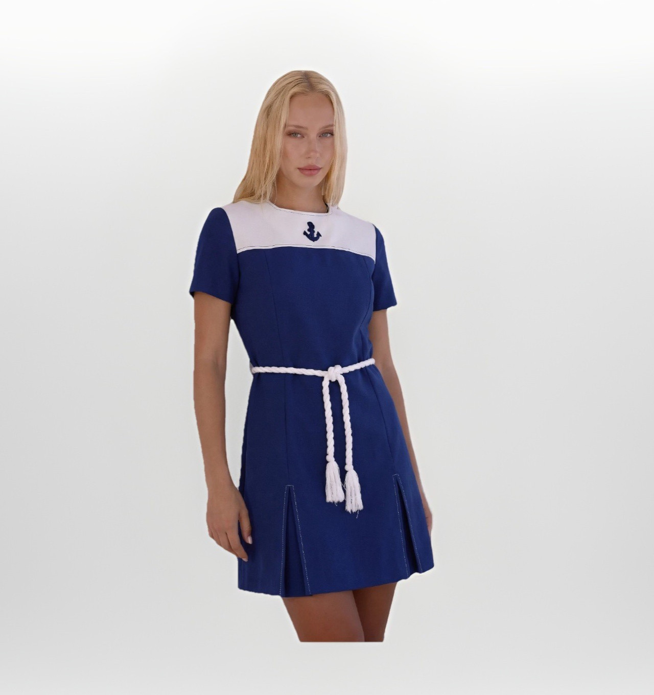 1970s Retro MINI DRESS-Navy Look-Anchor Motif-Side Slits-Braided Rope Belt-Sz 8?