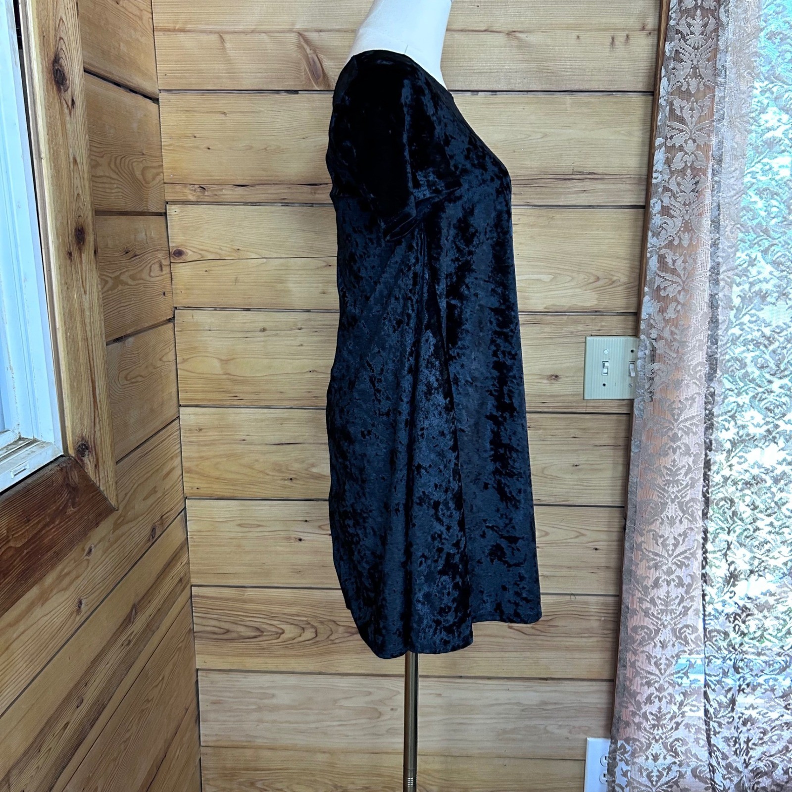 Vintage Crushed Velvet Shift Dress Womens Small Black Babydoll Love Culture