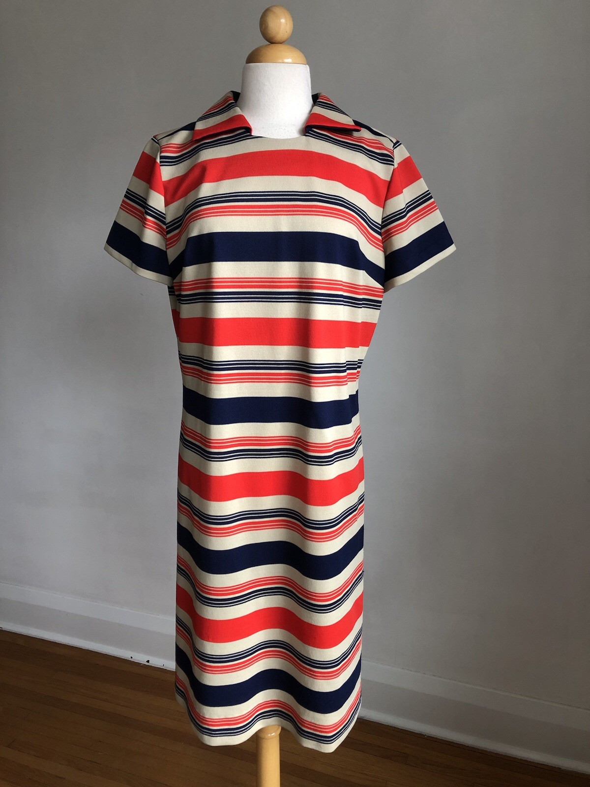 STUNNING VTG LADY CAROL Of New York Red Blue Tan Stretchy Belted Mod Dress M/L