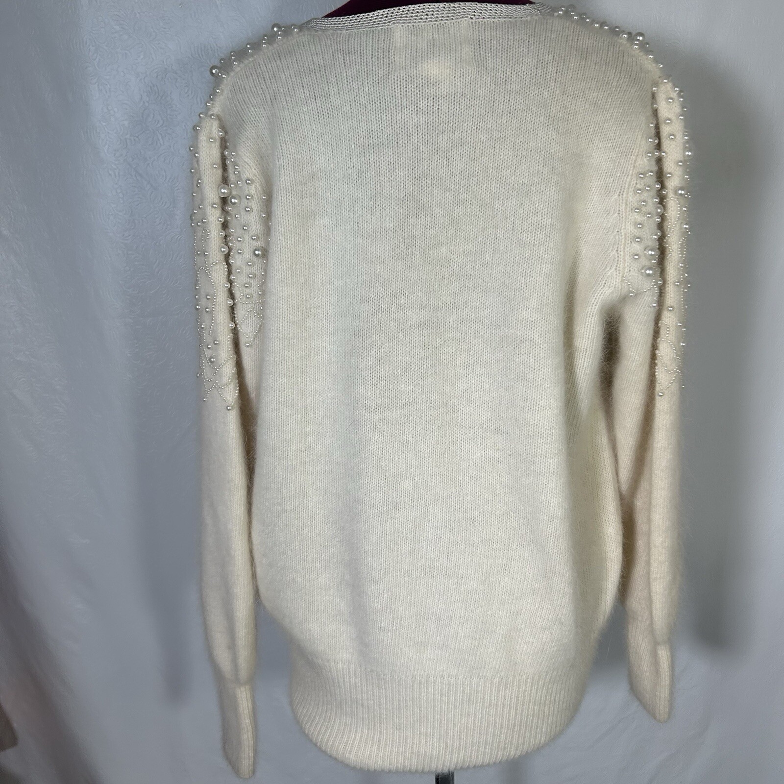 Vintage 80s Side Effects Beaded Ivory Wool Angora Rabbit Hair Sweater Sz M