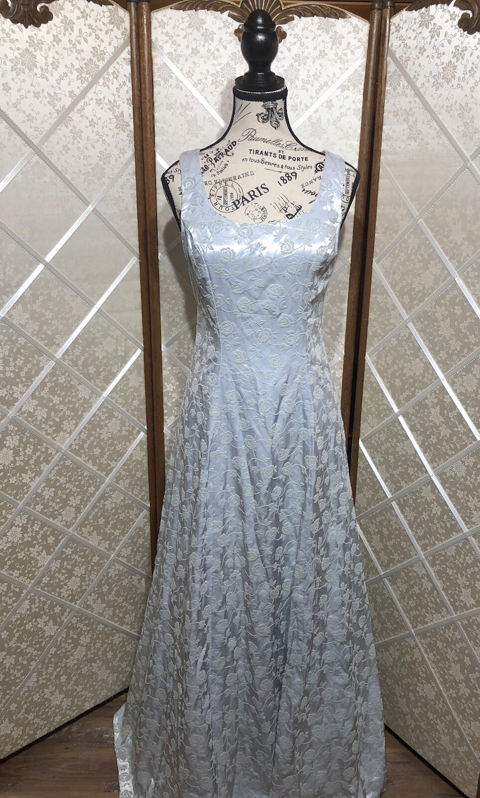 VTG 90s/Y2K Zum Zum by Niki Livas Ice Blue Satin Velvet Burnout Prom Dress ~XS