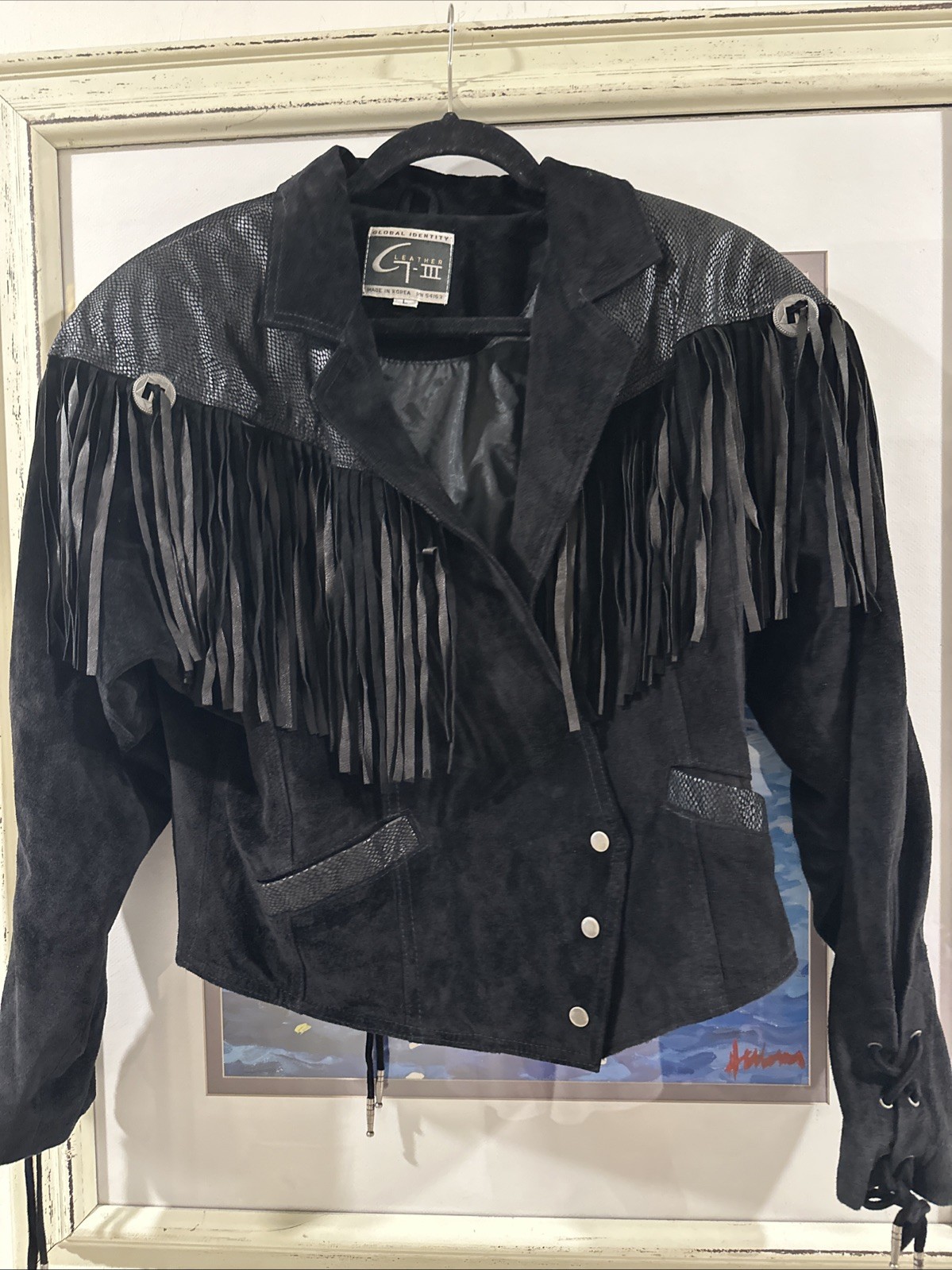 Global Identity Leather Jacket Western Rodeo Fring Black Sz L Rn 54163