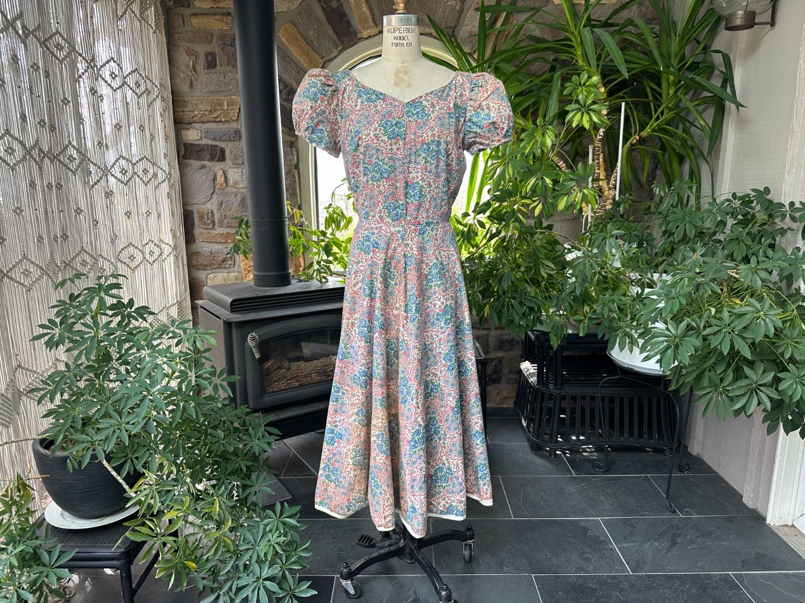 Vintage 1930s Pink Blue Green Floral Cotton Summer Dress Wounded Bird