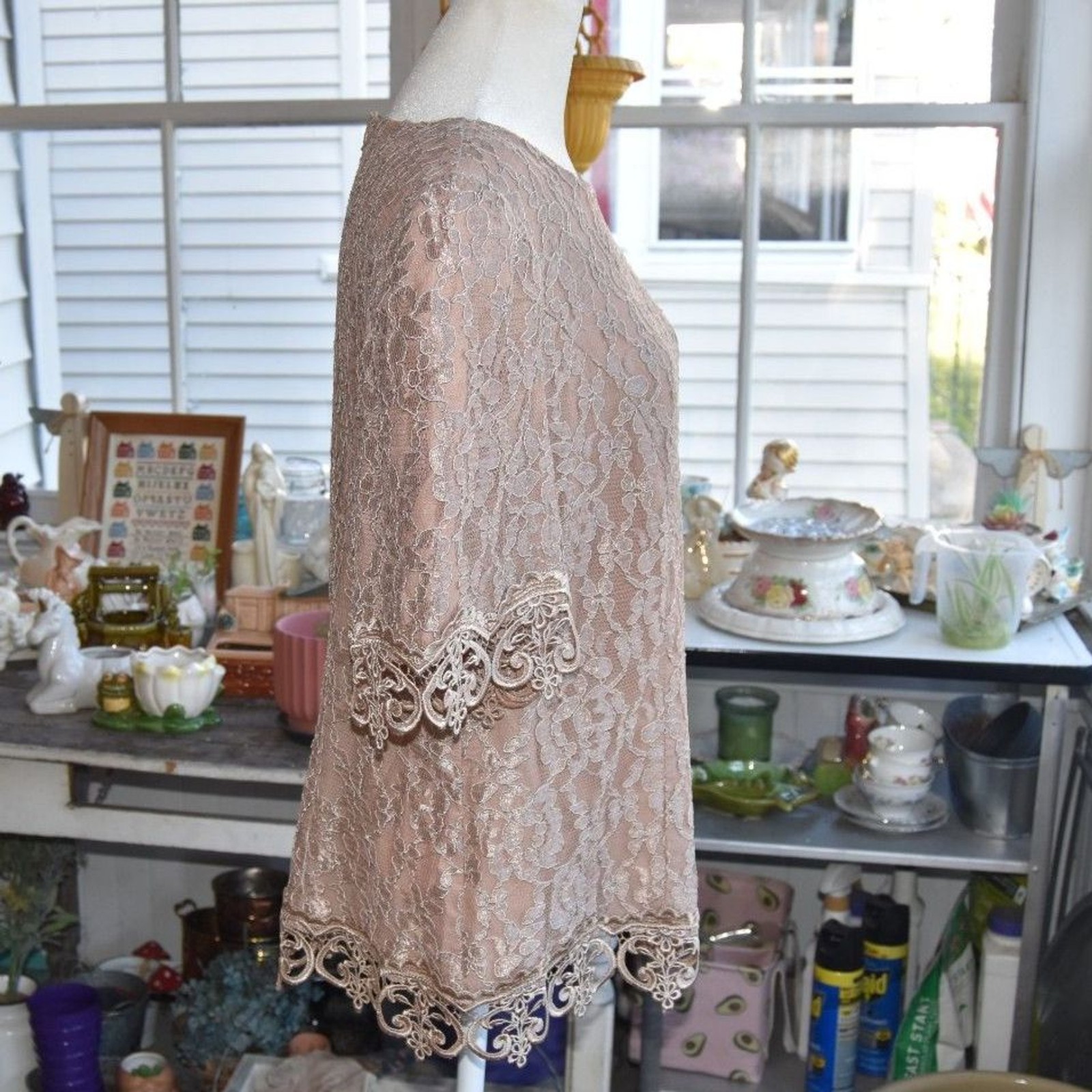 Vintage Cachet Lace Blouse Brown Sheer Evening Top Romantic Boho XL