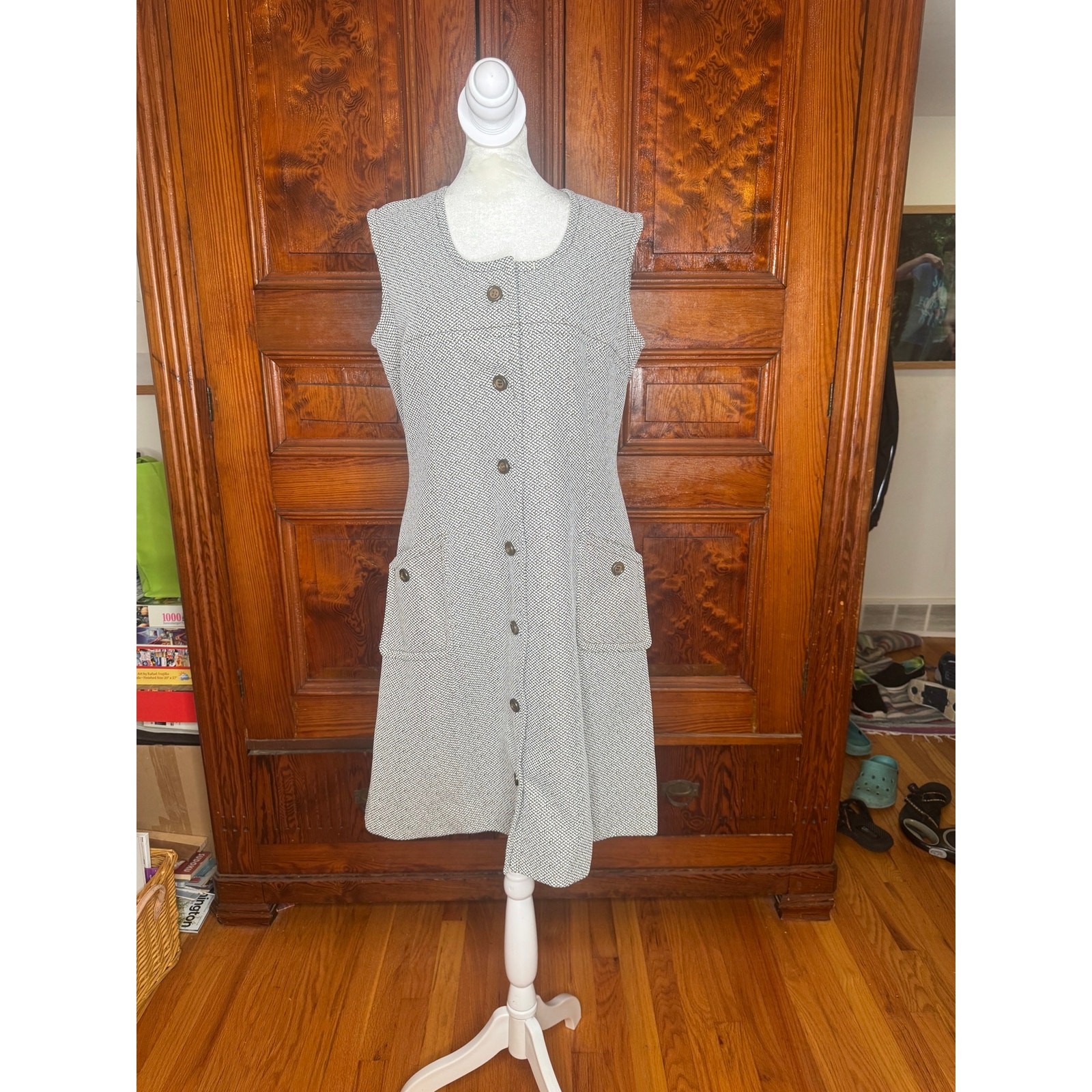 VTG 60s 70s Grey White Knit Tweed Button Front Jumper Shift Vest Dress L