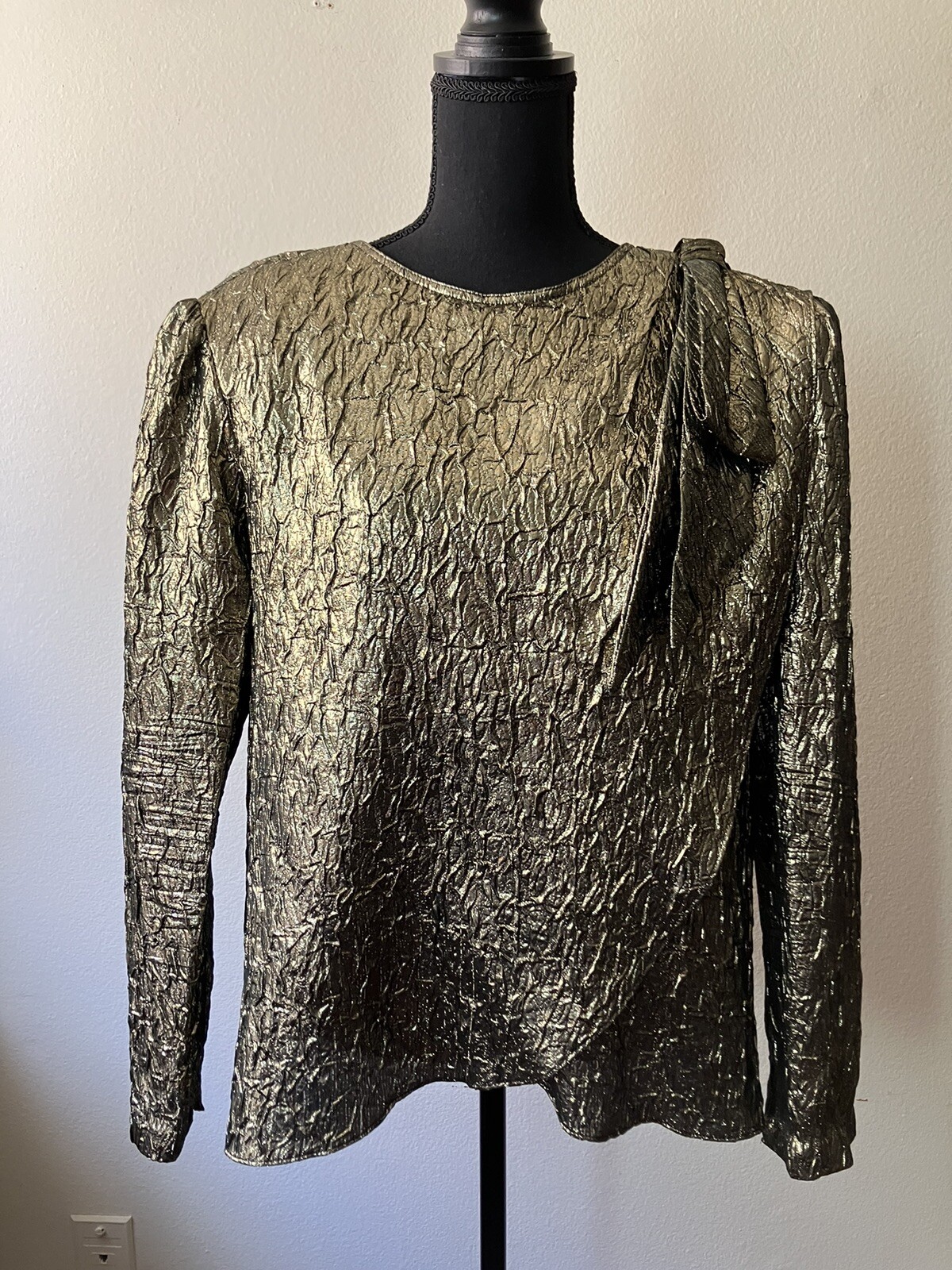 Vintage ’80s Three Flaggs Metallic Gold Blouse/Top with Bow Detail XL/XXL