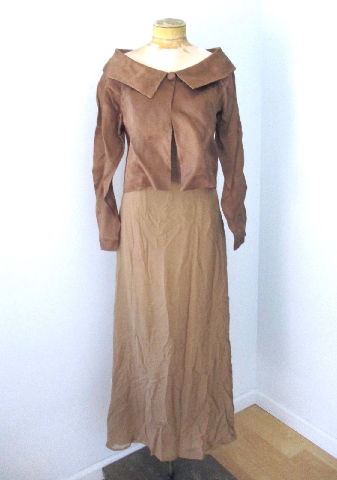 Vtg 80s bronze silk organza mocha chiffon 2-pc slip dress jacket evening suit 6